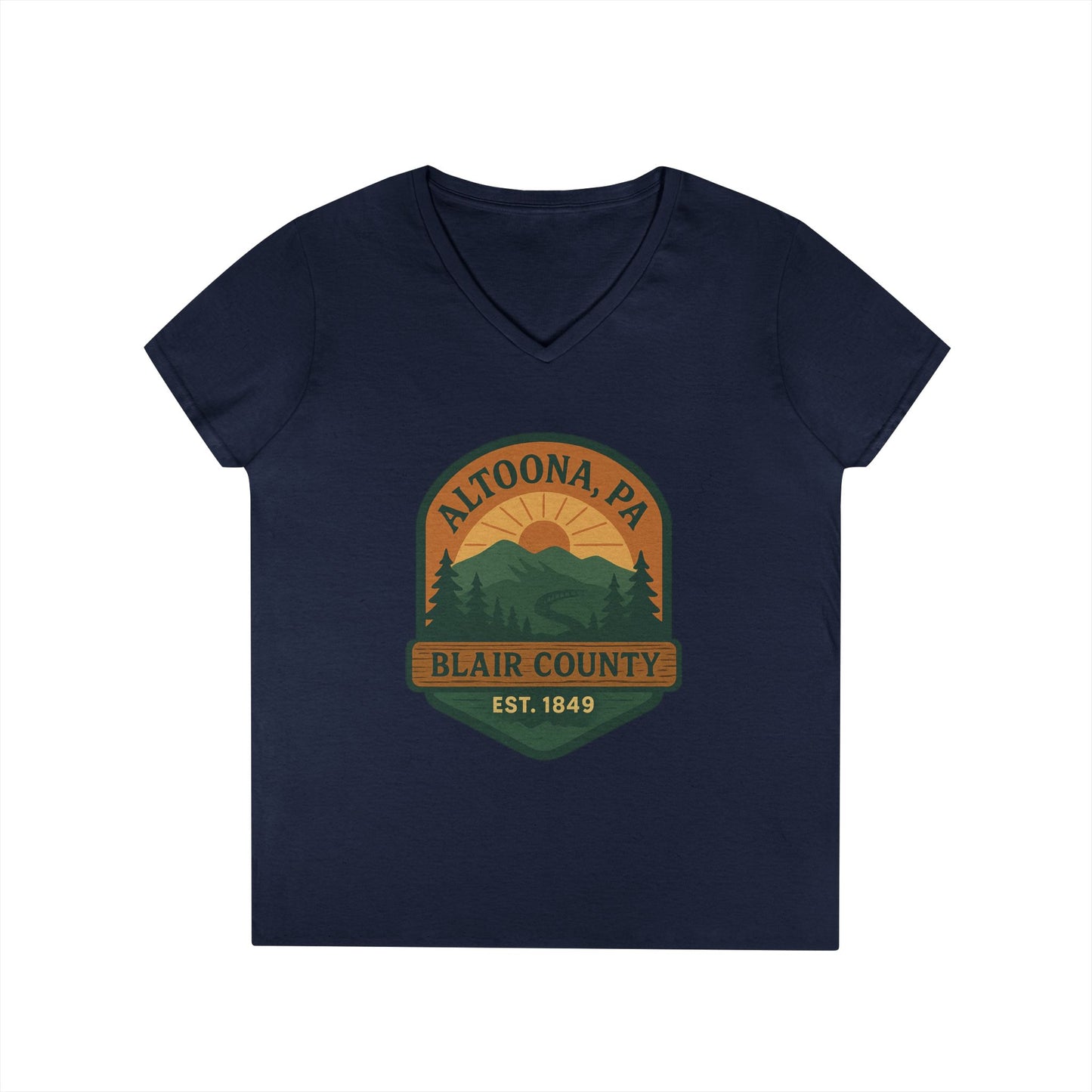 Navy V-neck Altoona PA mountain t-shirt featuring Blair County mountain graphic and sunset design