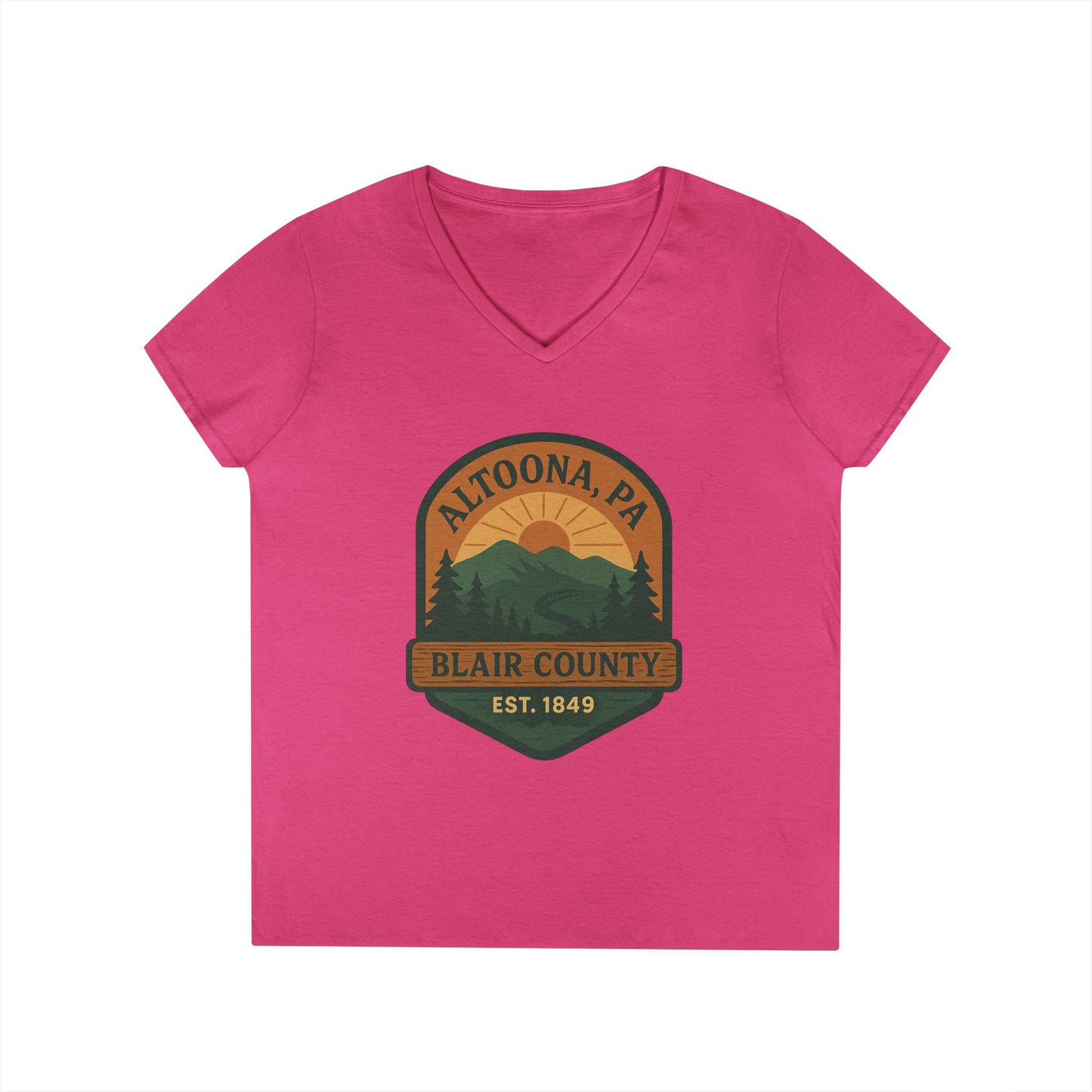 Pink V-neck t-shirt featuring Altoona PA mountain t-shirt graphic with Blair County design