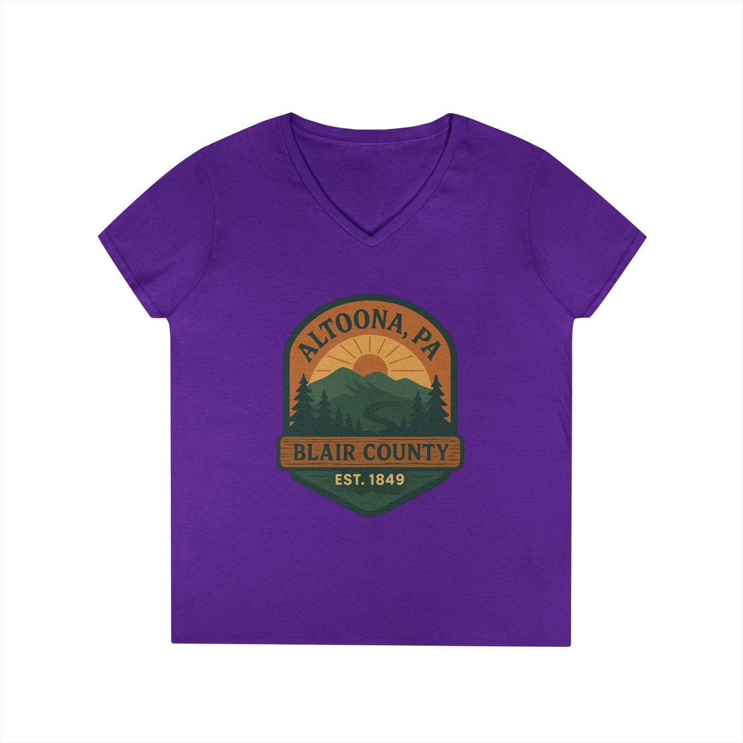 Purple V-neck Altoona PA mountain t-shirt with Blair County nature design from Printify