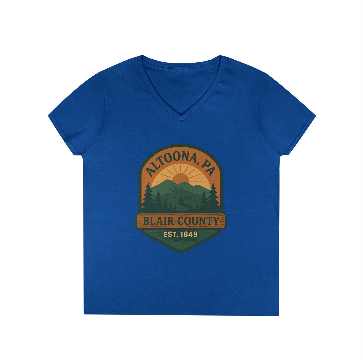 Blue V-neck Altoona PA mountain t-shirt with Blair County and sunset graphic by Printify