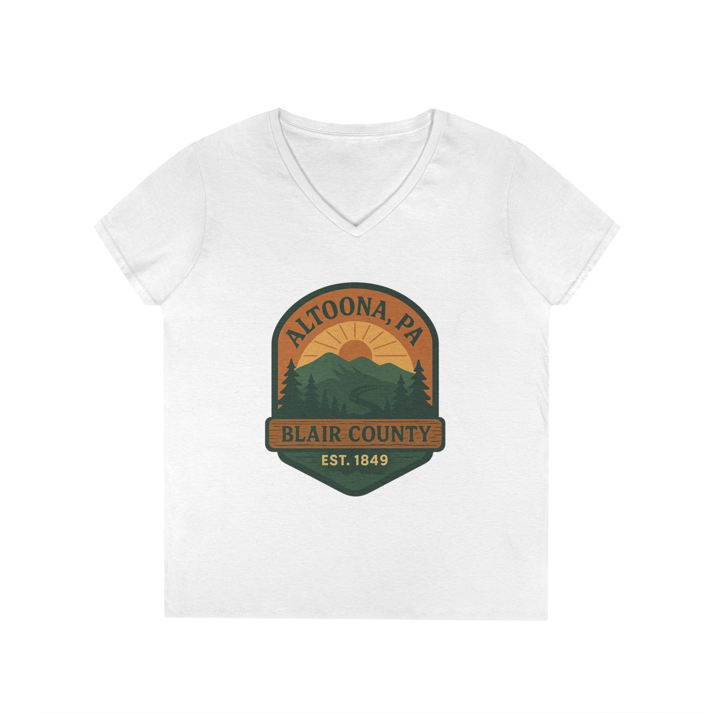 White V-neck Altoona PA mountain t-shirt with Blair County sunset and mountain graphic by Printify