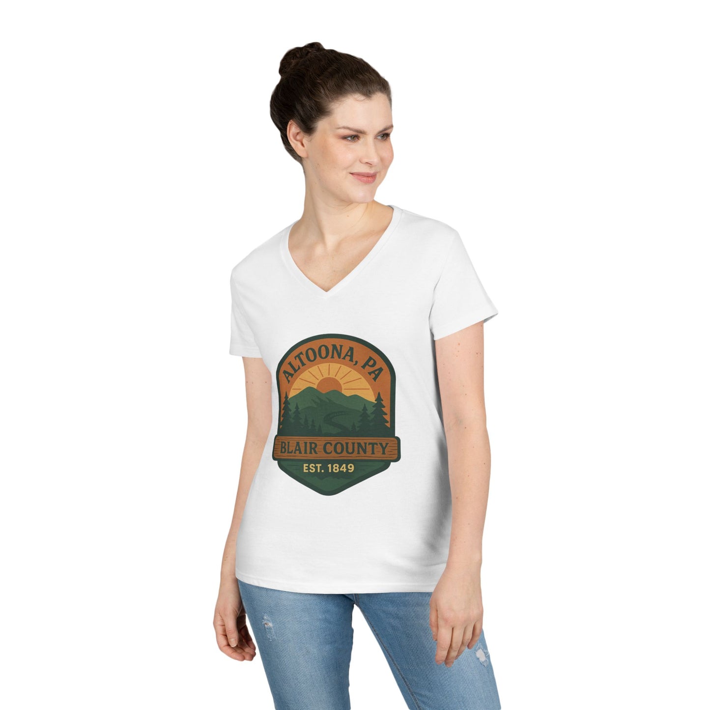 White Printify V-neck Altoona PA mountain t-shirt with Blair County mountain graphic worn by woman