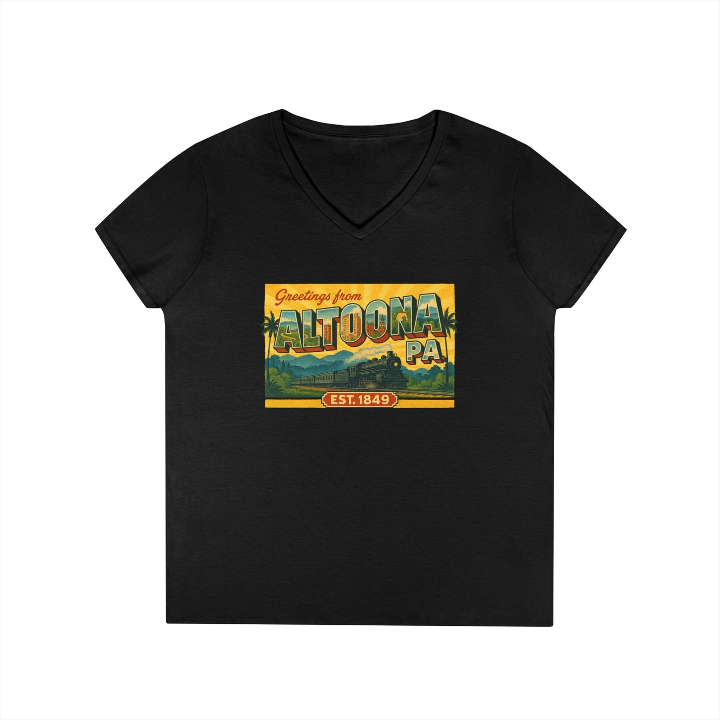 Printify black V-neck Altoona PA souvenir t-shirt with vintage Greetings from design