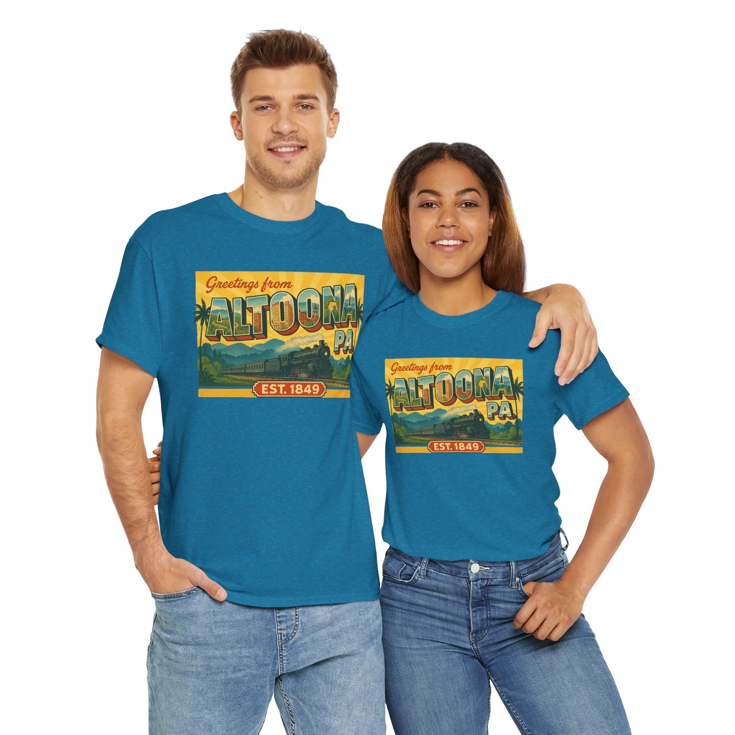 Printify blue Altoona PA souvenir t-shirt worn by smiling man and woman with vintage postcard design