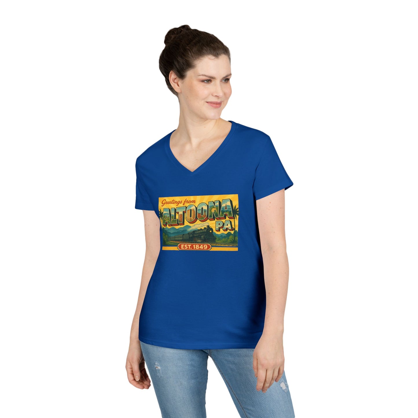 Printify blue V-neck Altoona PA souvenir t-shirt with vintage postcard design worn by woman
