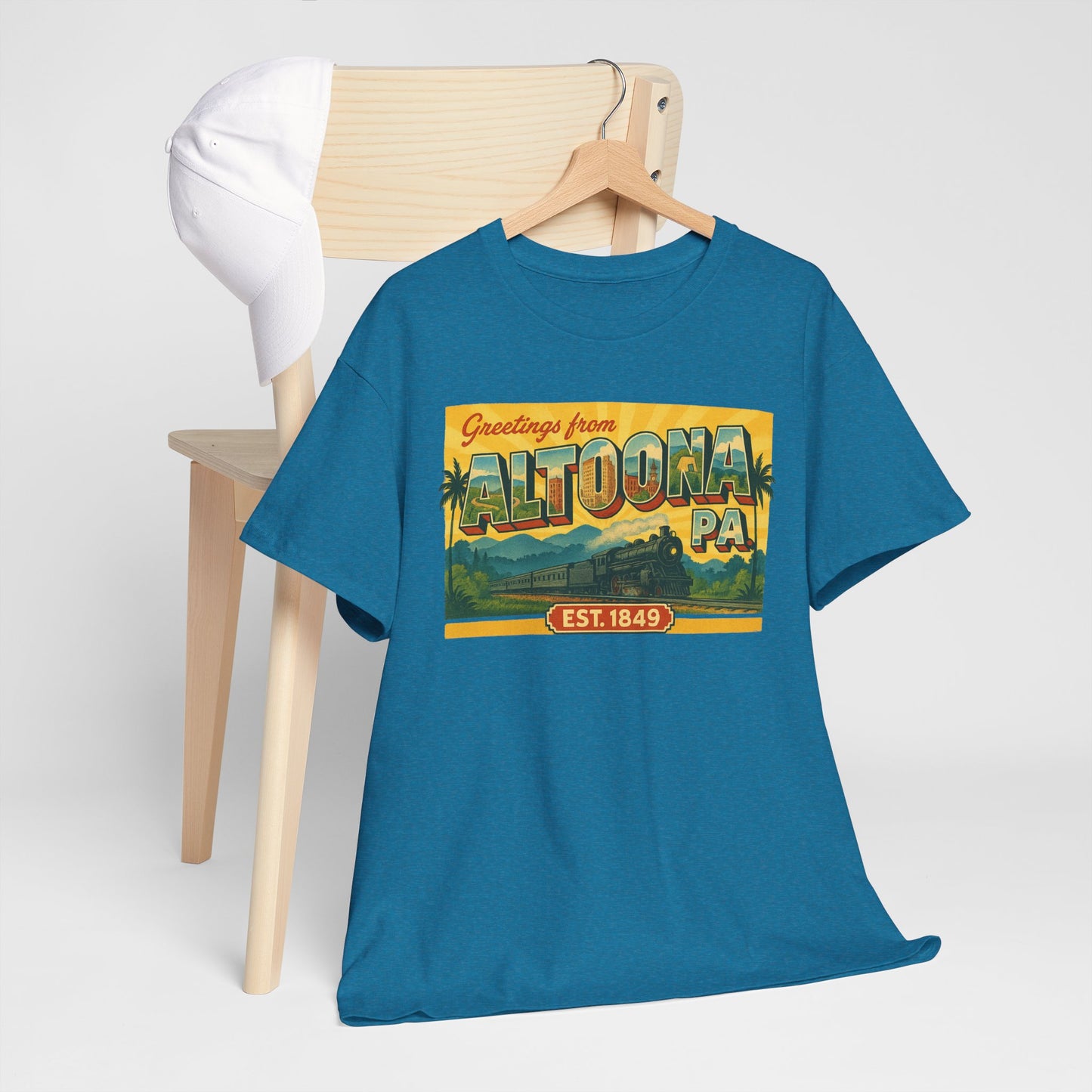 Blue Printify Altoona PA souvenir t-shirt with vintage Greetings from Altoona graphic design