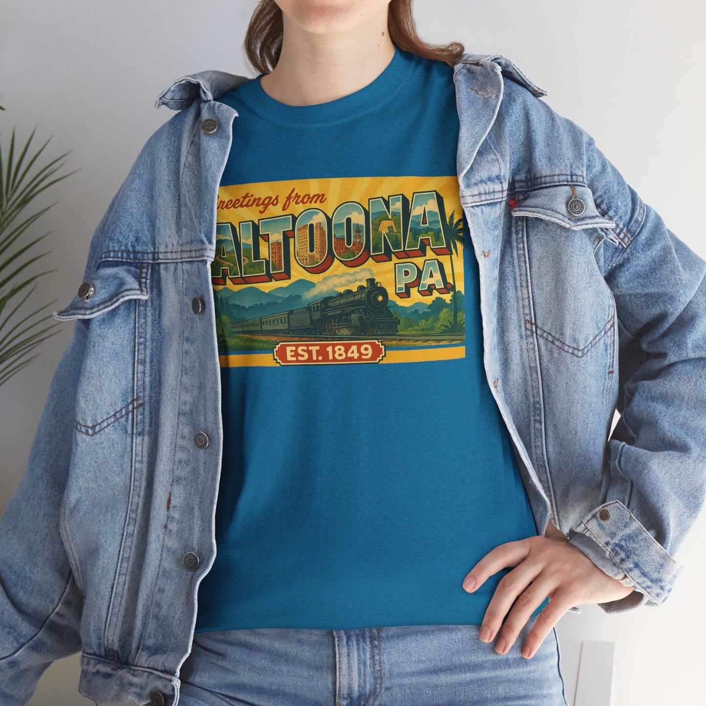 Blue Altoona PA souvenir t-shirt with vintage train graphic worn with denim jacket