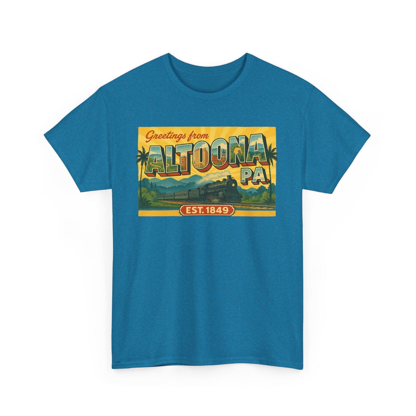 Blue Printify Altoona PA souvenir t-shirt with vintage Greetings from Altoona design