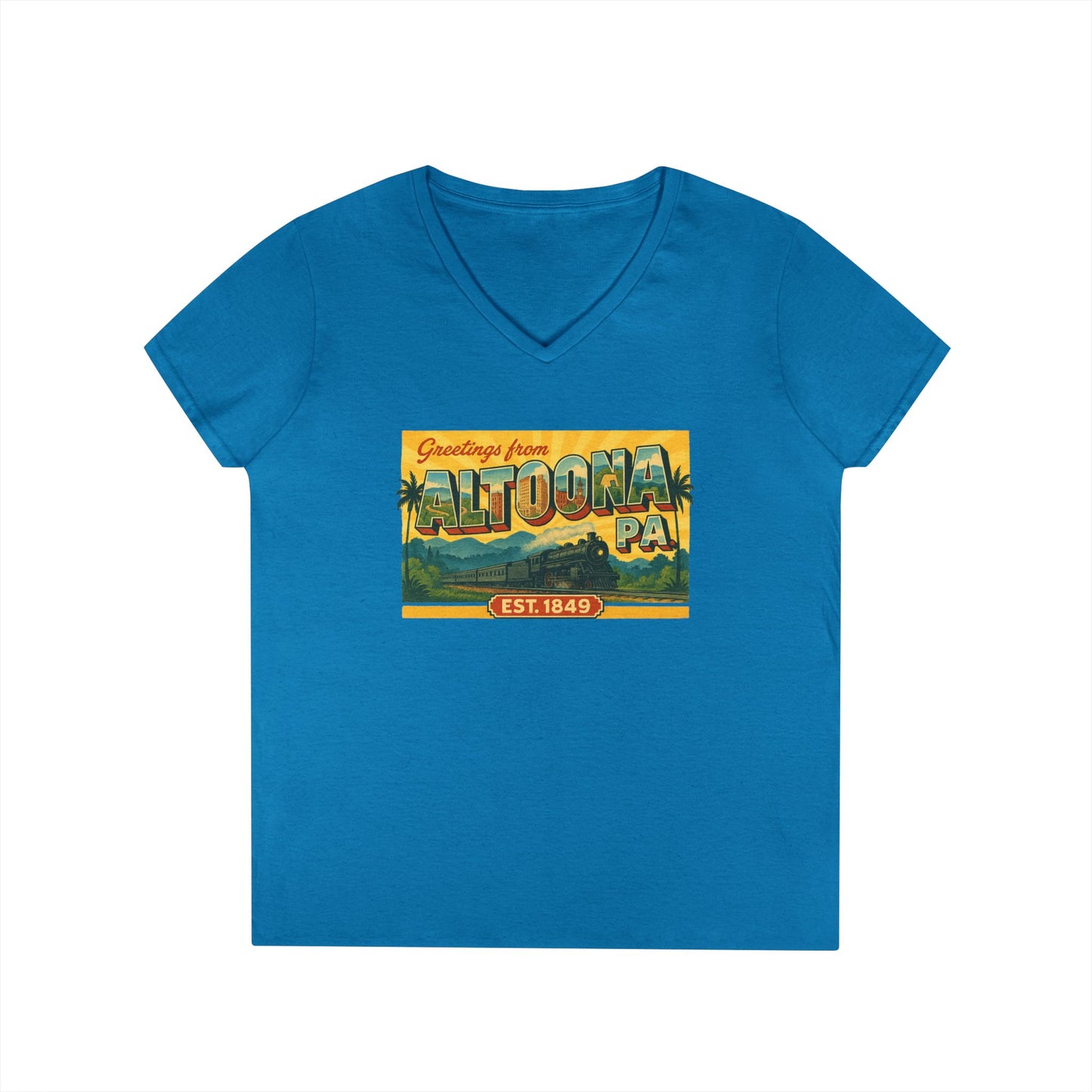 Blue V-neck Altoona PA souvenir t-shirt with vintage postcard design and Printify branding