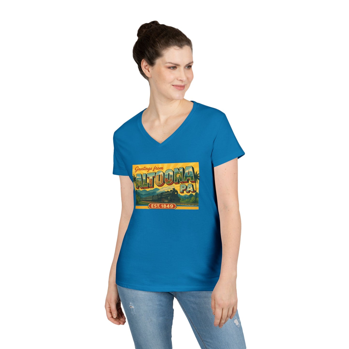 Blue V-neck shirt featuring a colorful Altoona PA souvenir t-shirt design worn by a woman