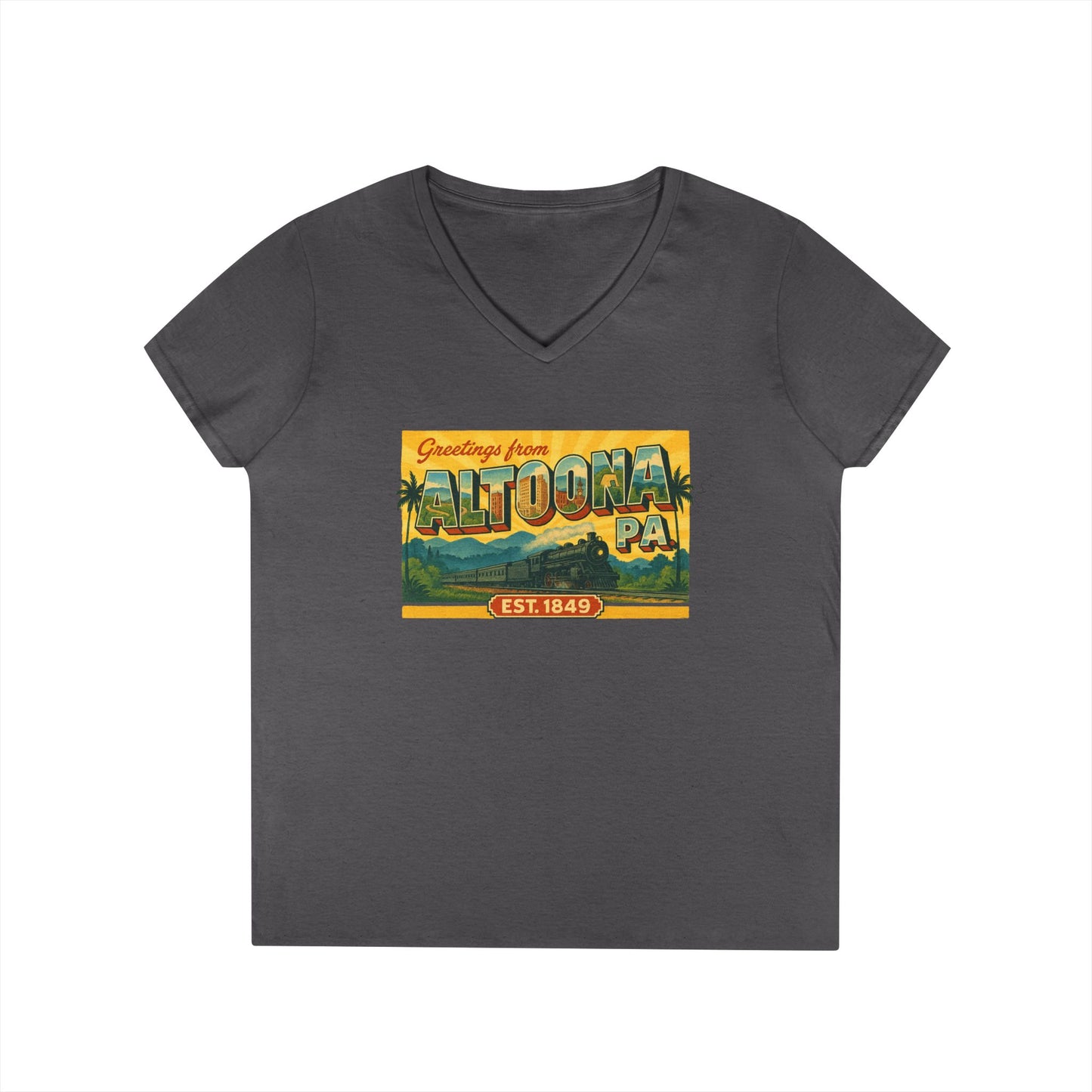 Printify dark gray V-neck Altoona PA souvenir t-shirt with vintage greeting graphic