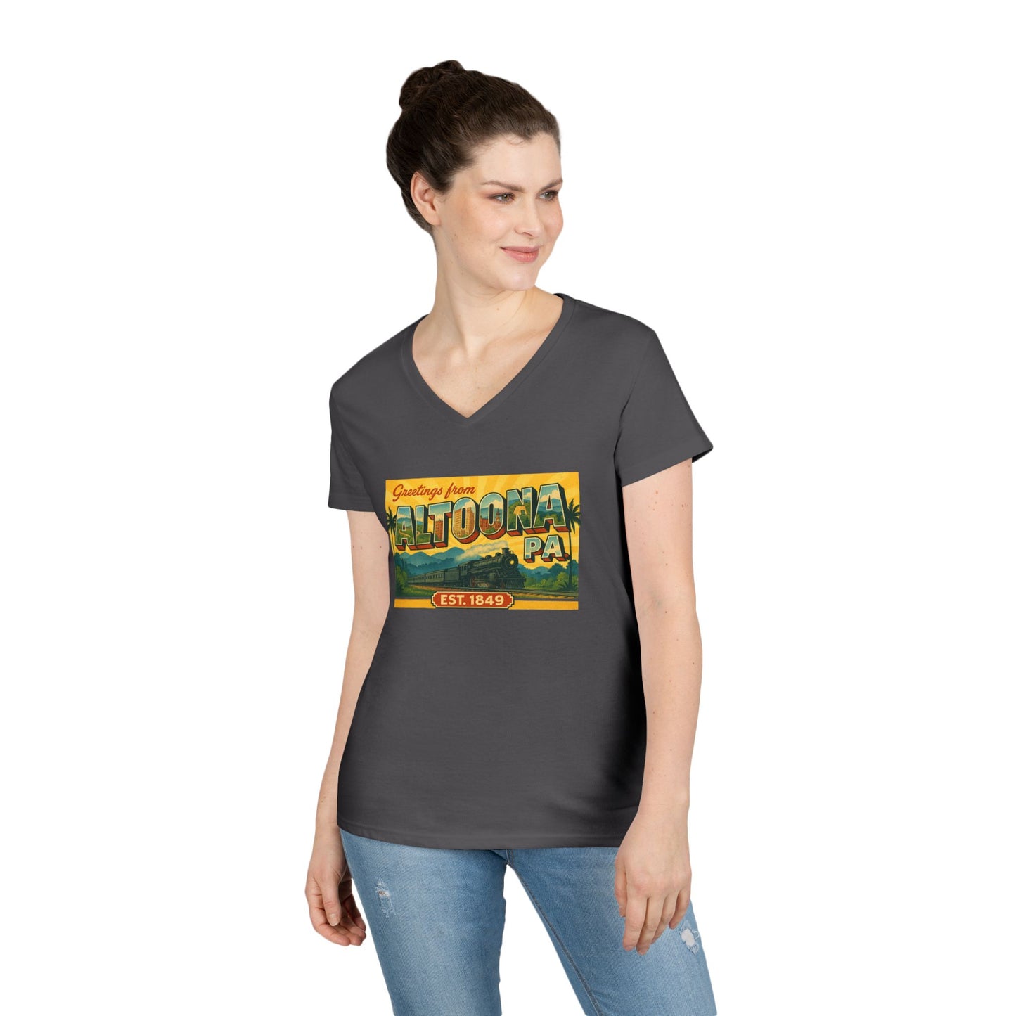 Printify V-neck Altoona PA souvenir t-shirt with vintage postcard design in charcoal color