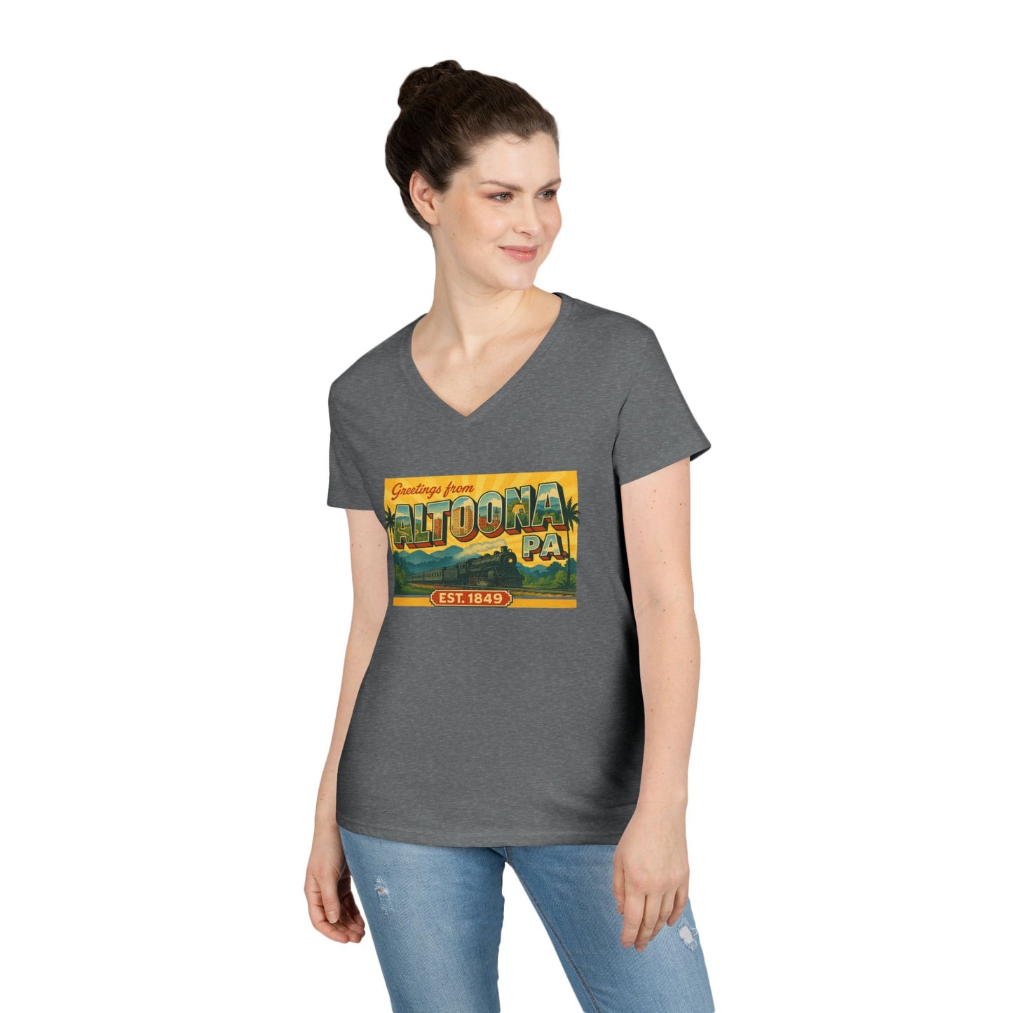 Printify women's V-neck Altoona PA souvenir t-shirt with vintage postcard graphic in gray