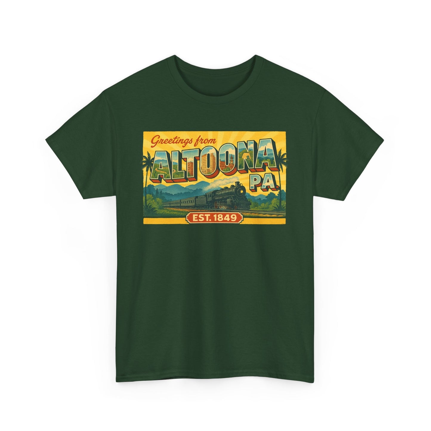 Dark green Printify t-shirt with colorful Greetings from Altoona PA souvenir t-shirt design