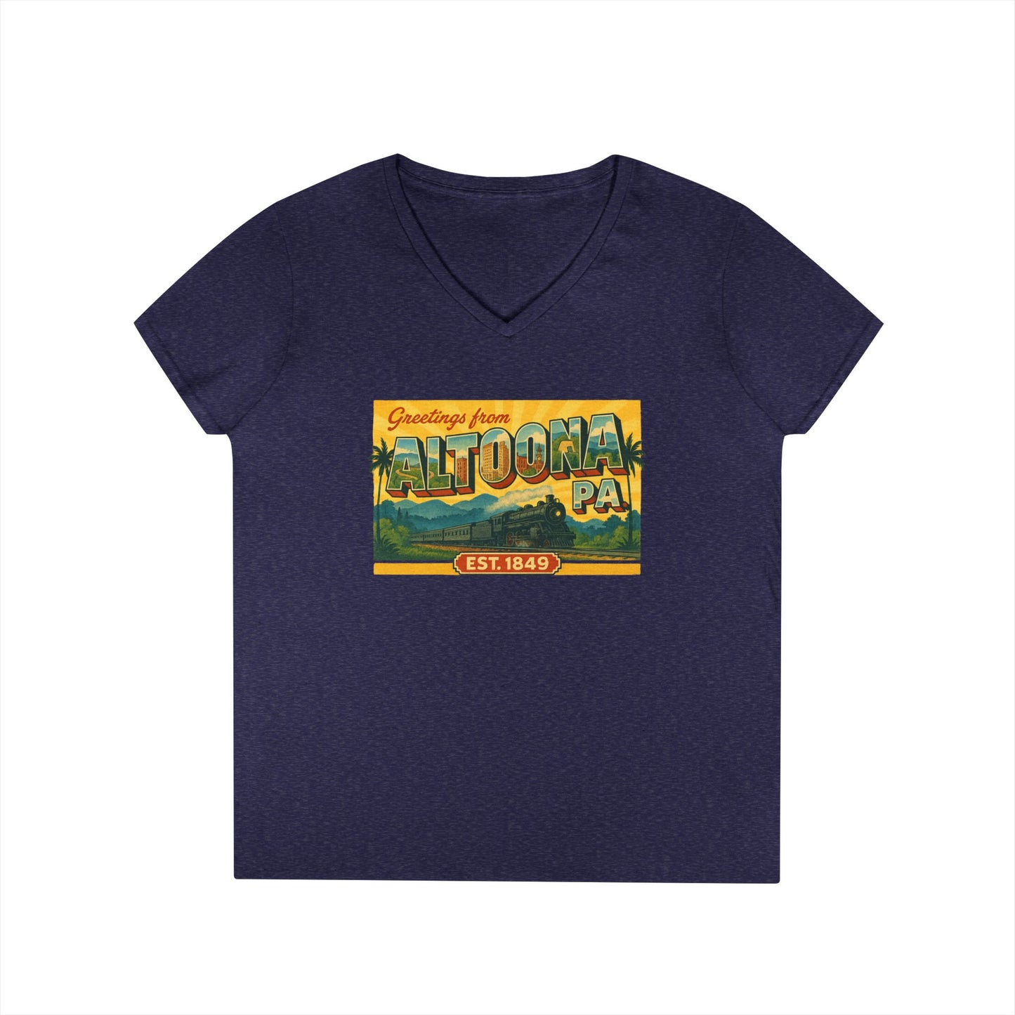 Navy blue V-neck Altoona PA souvenir t-shirt with vintage postcard design by Printify
