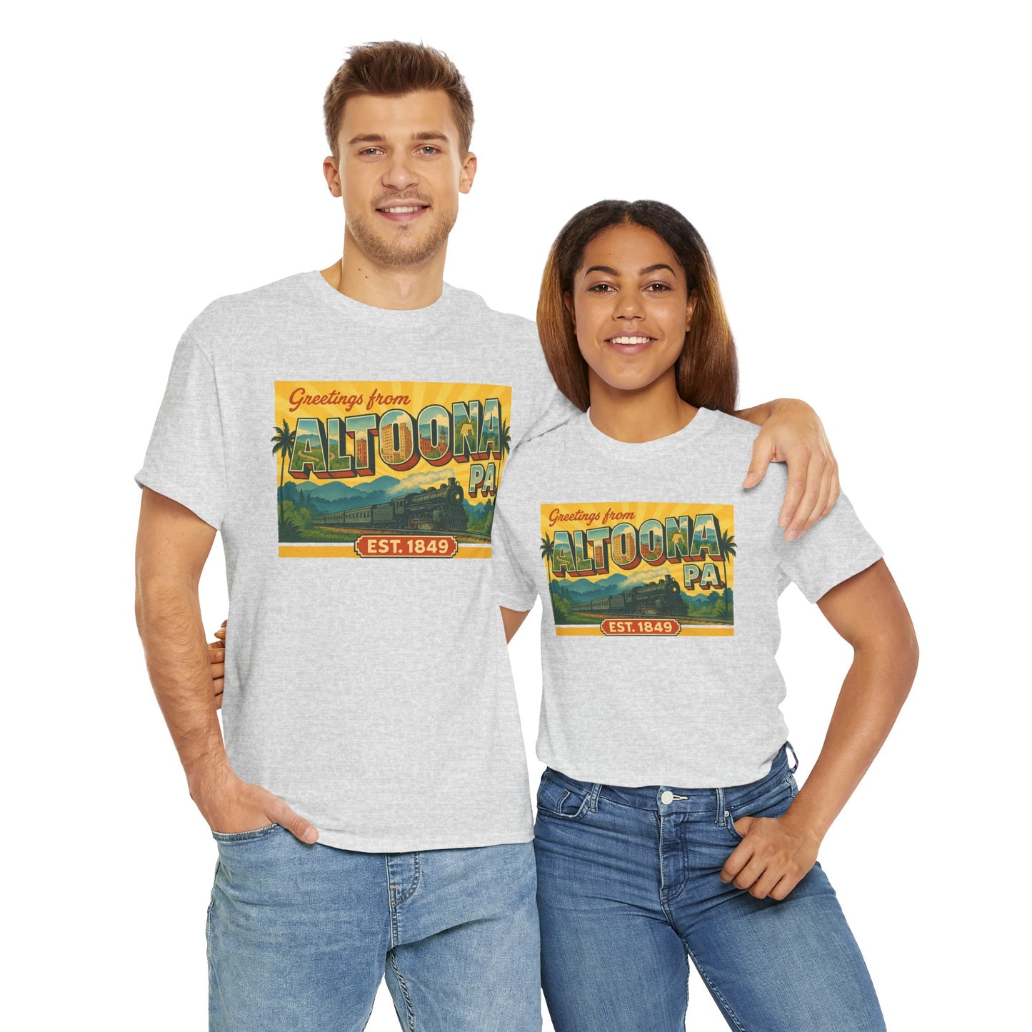 Printify Altoona PA souvenir t-shirt worn by smiling man and woman with vintage travel design