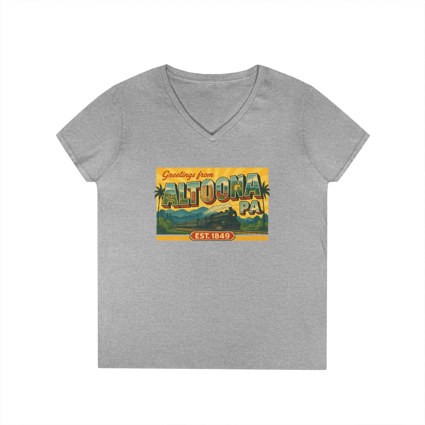 Gray V-neck Altoona PA souvenir t-shirt with vintage postcard design from Printify