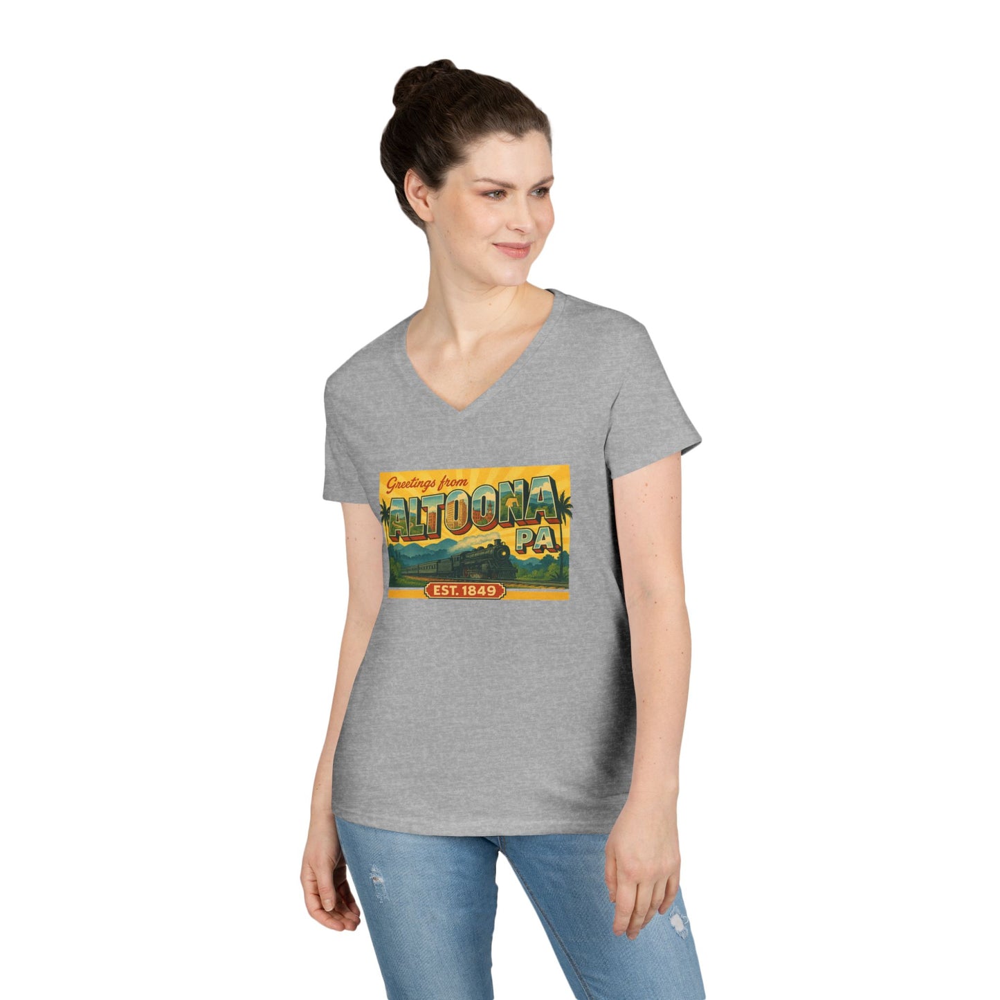 Printify grey V-neck Altoona PA souvenir t-shirt with vintage postcard design worn by woman