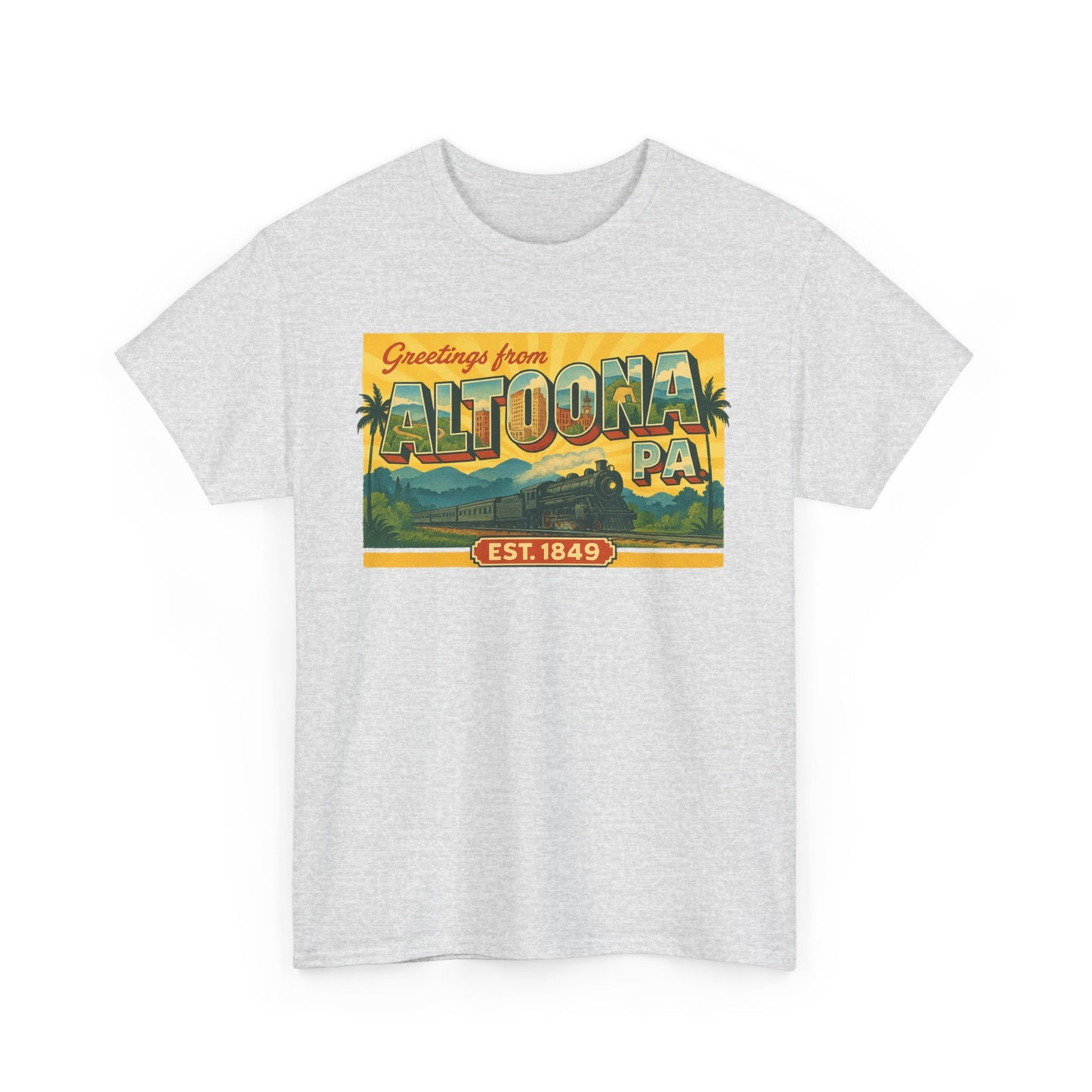Printify Altoona PA souvenir t-shirt with vintage Greetings from Altoona design on light gray fabric