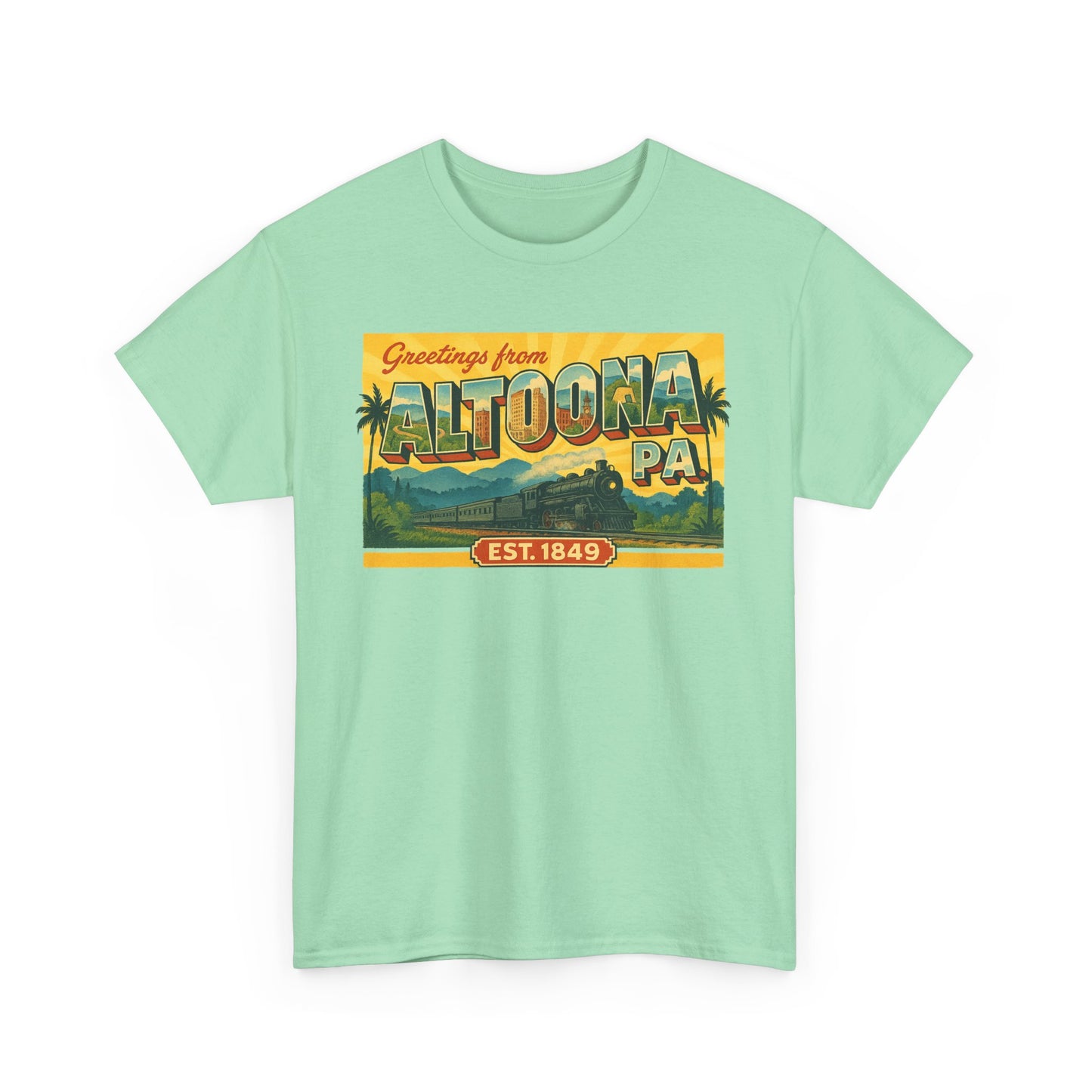 Mint green Printify t-shirt featuring a vintage style Altoona PA souvenir t-shirt design with scenic landscape
