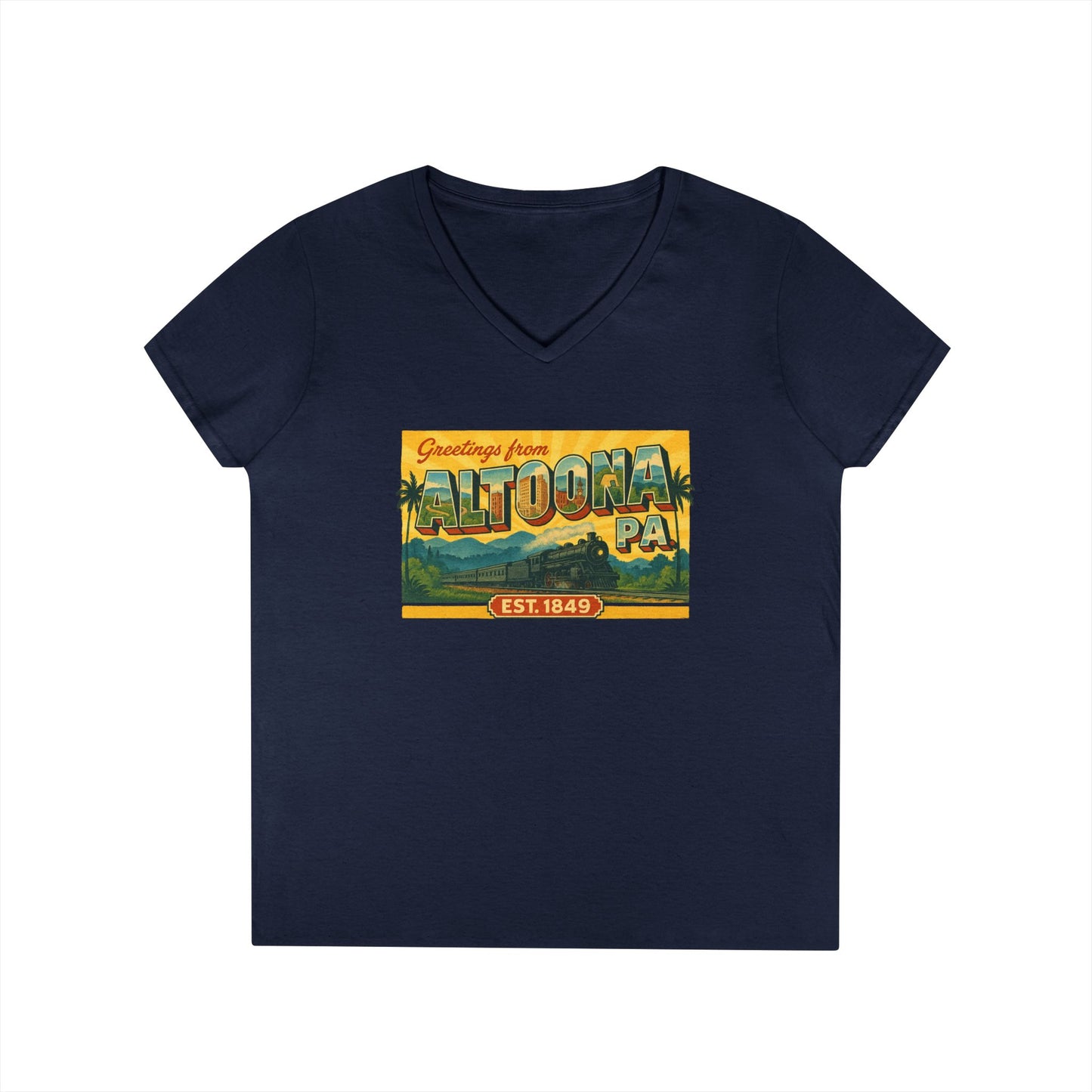 Navy blue V-neck Altoona PA souvenir t-shirt with vintage postcard-style graphic from Printify