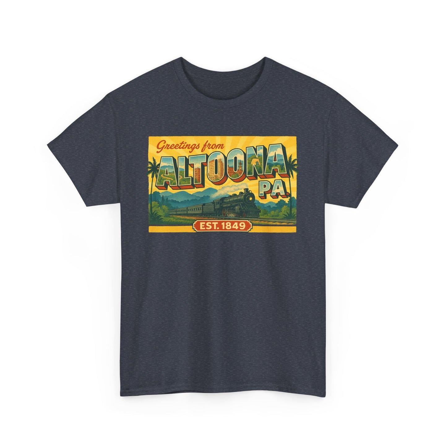 Printify Altoona PA souvenir t-shirt in dark color featuring vintage Greetings from Altoona design