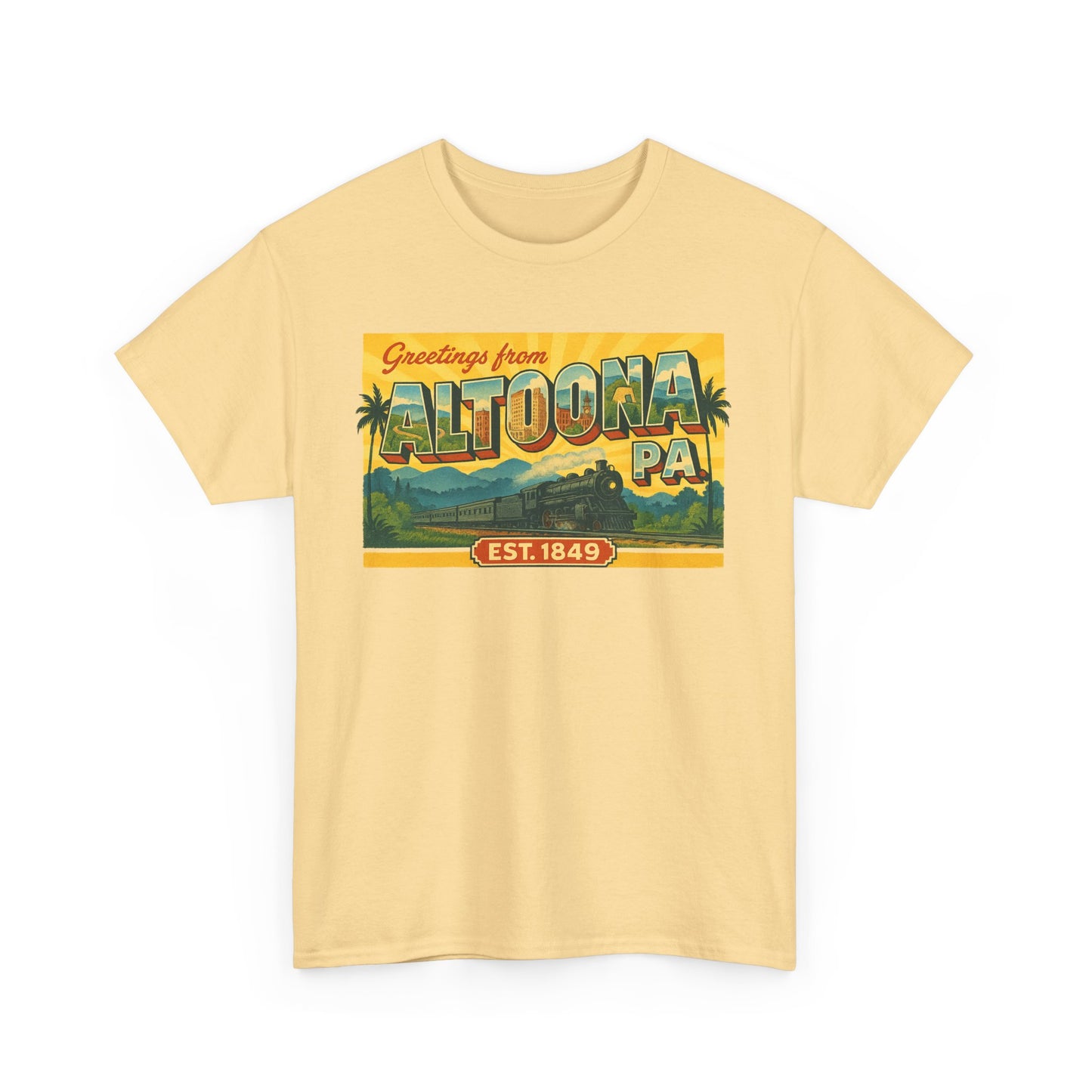 Printify yellow T-shirt featuring a vintage style Altoona PA souvenir t-shirt design with palm trees and scenic background