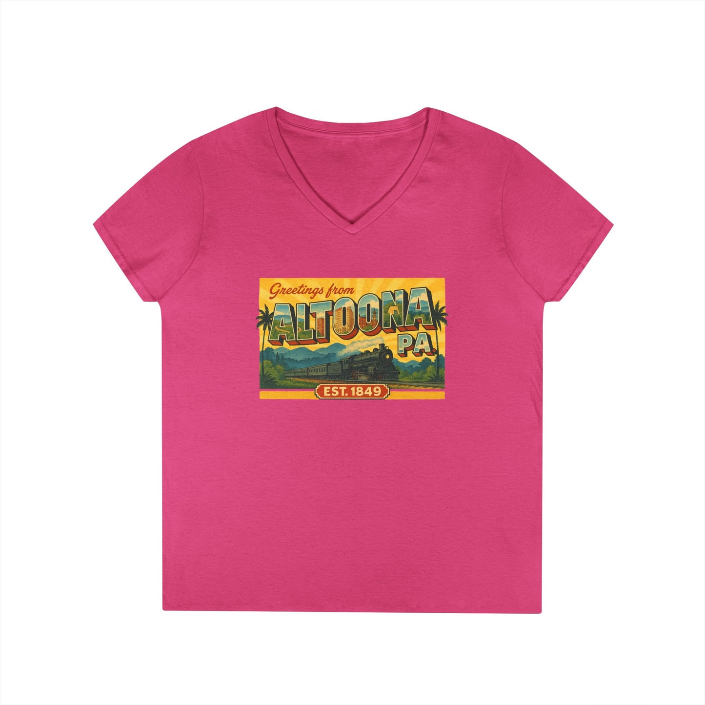 Pink V-neck Altoona PA souvenir t-shirt with vintage postcard graphic and established 1849 design