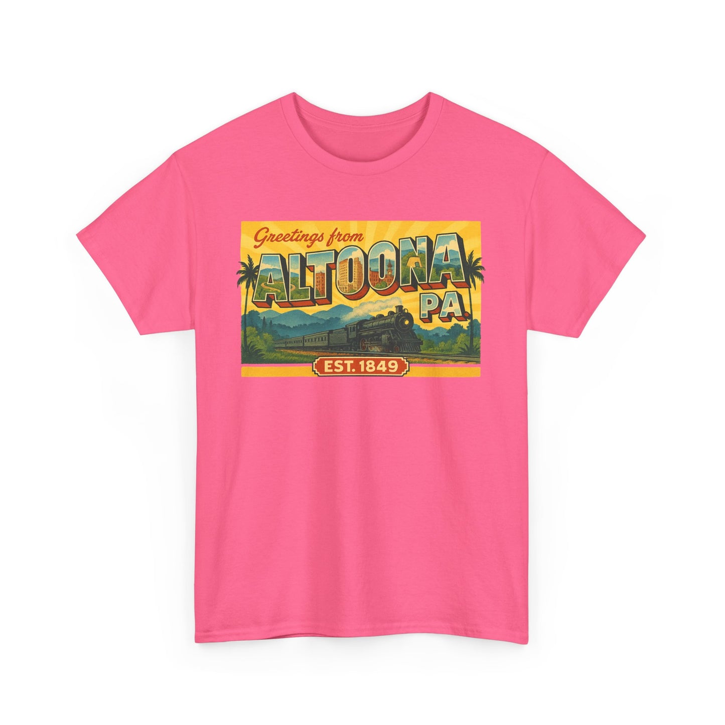 Pink Printify t-shirt with vintage Greetings from Altoona PA souvenir t-shirt design