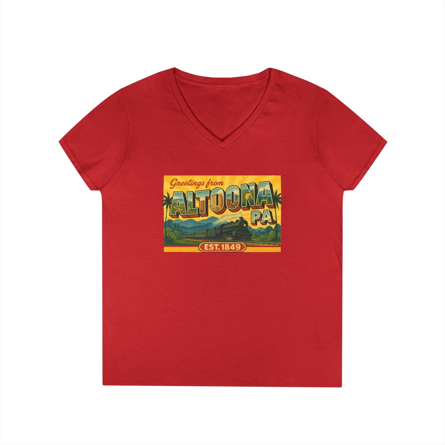 Red V-neck Altoona PA souvenir t-shirt with vintage Greetings from Altoona design