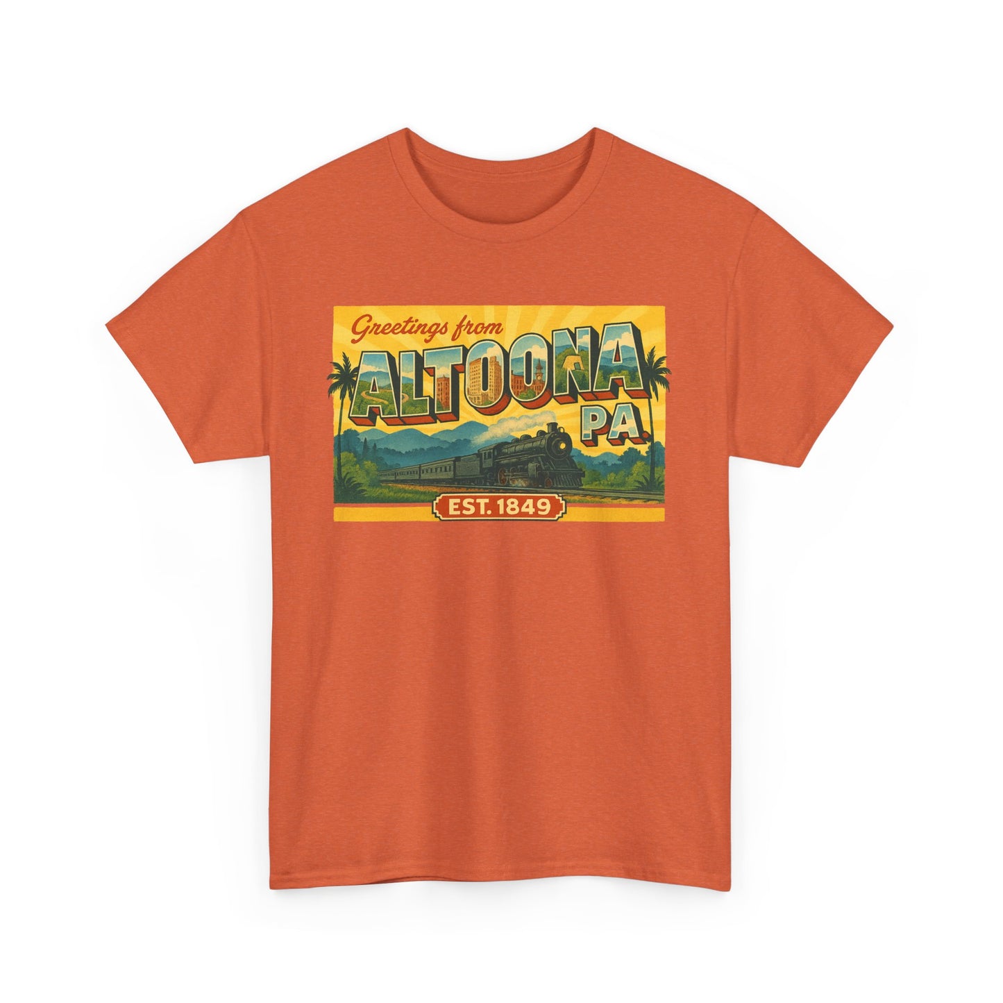 Printify orange T-shirt with Greetings from Altoona PA souvenir t-shirt vintage design