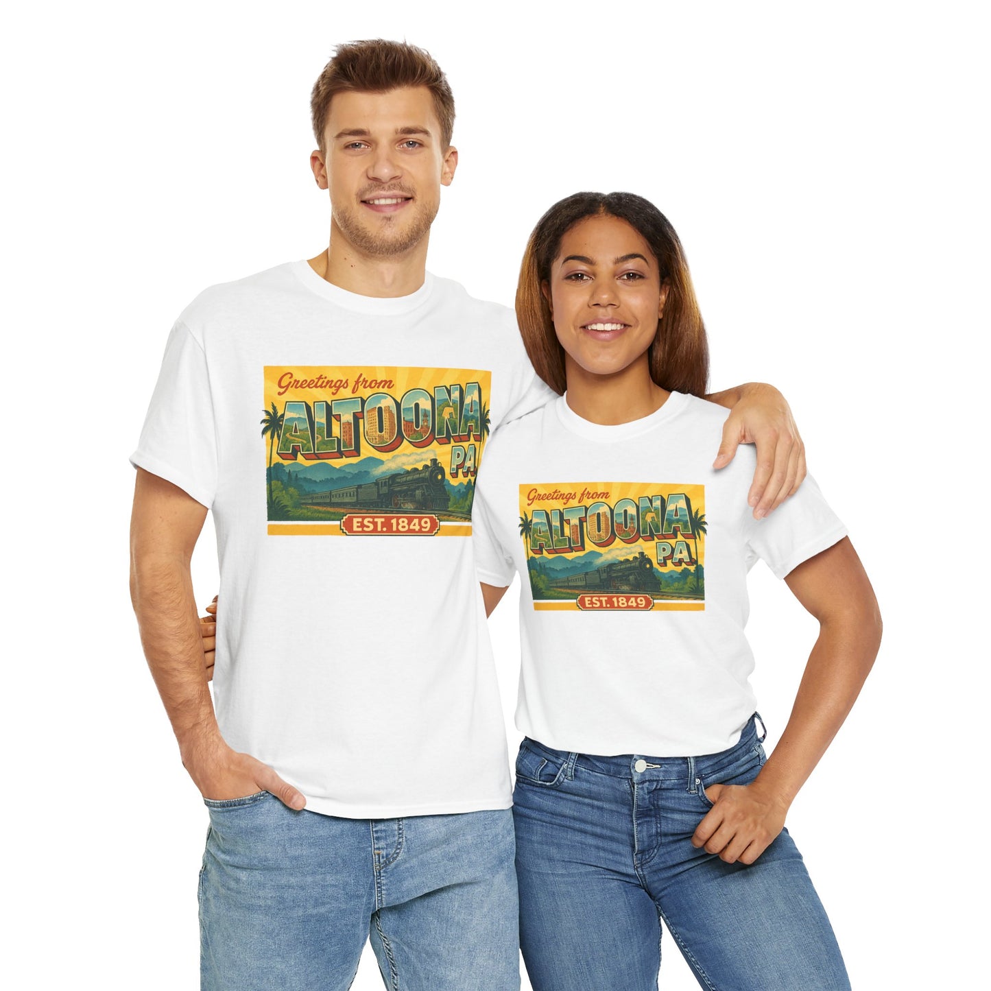 Couple wearing white Printify Altoona PA souvenir t-shirt with vintage scenic graphic design