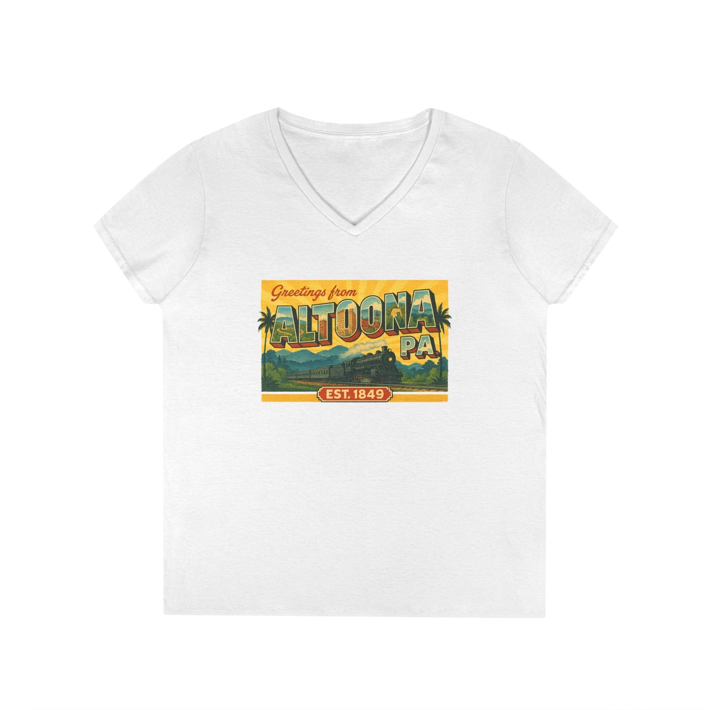 White V-neck Printify Altoona PA souvenir t-shirt with vintage postcard style design