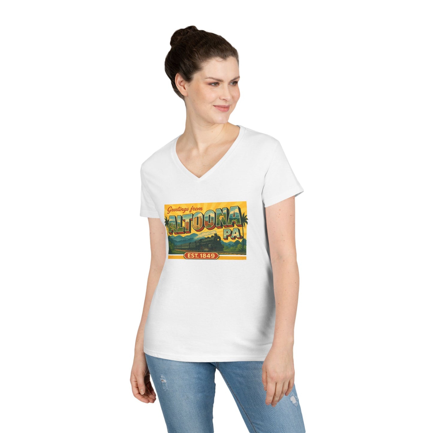 Printify white V-neck Altoona PA souvenir t-shirt with vintage postcard design worn by woman