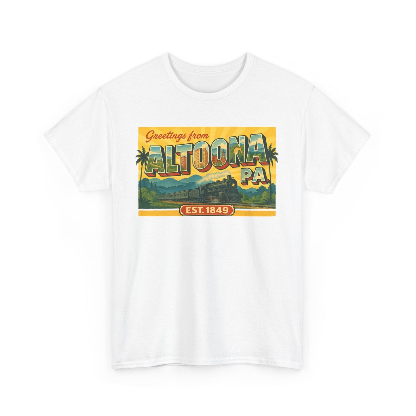 White Printify t-shirt with vintage style Altoona PA souvenir t-shirt design featuring mountains and palm trees