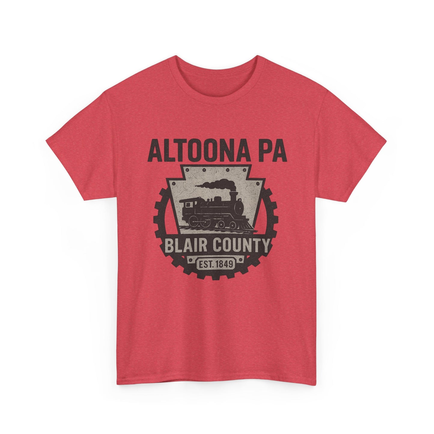 Red Printify Altoona PA t-shirt with vintage train and Blair County design