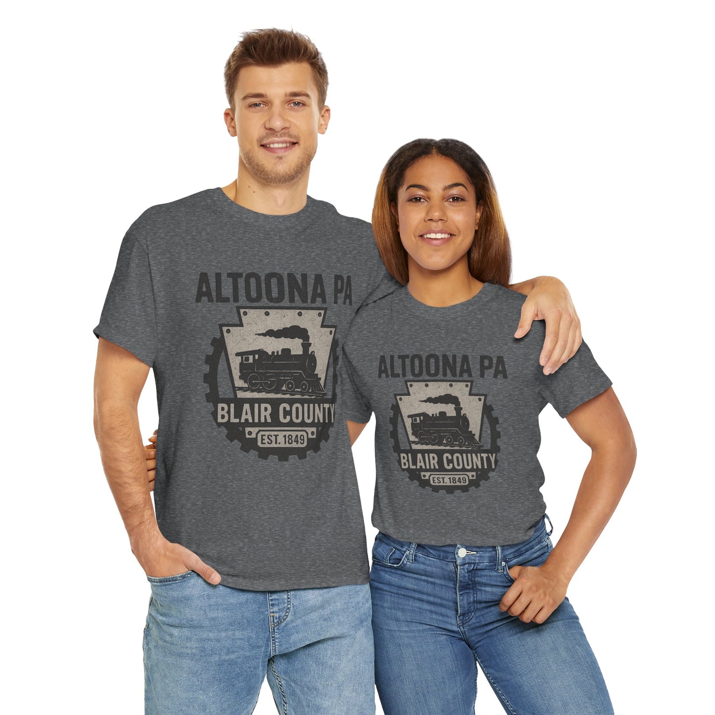 Man and woman wearing matching Altoona PA t-shirt by Printify with Blair County train design