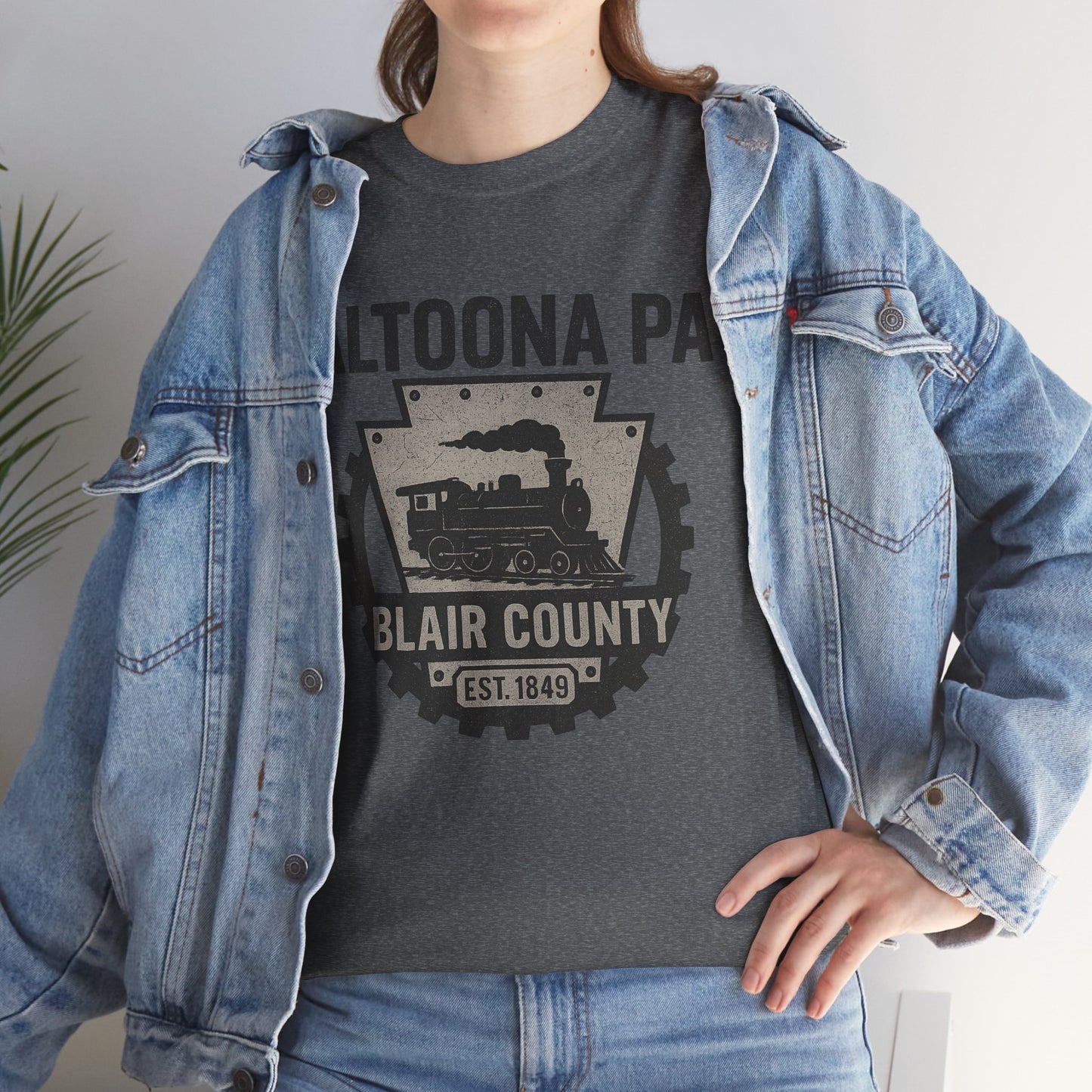 Altoona PA t-shirt with vintage train graphic and Blair County text on dark gray fabric