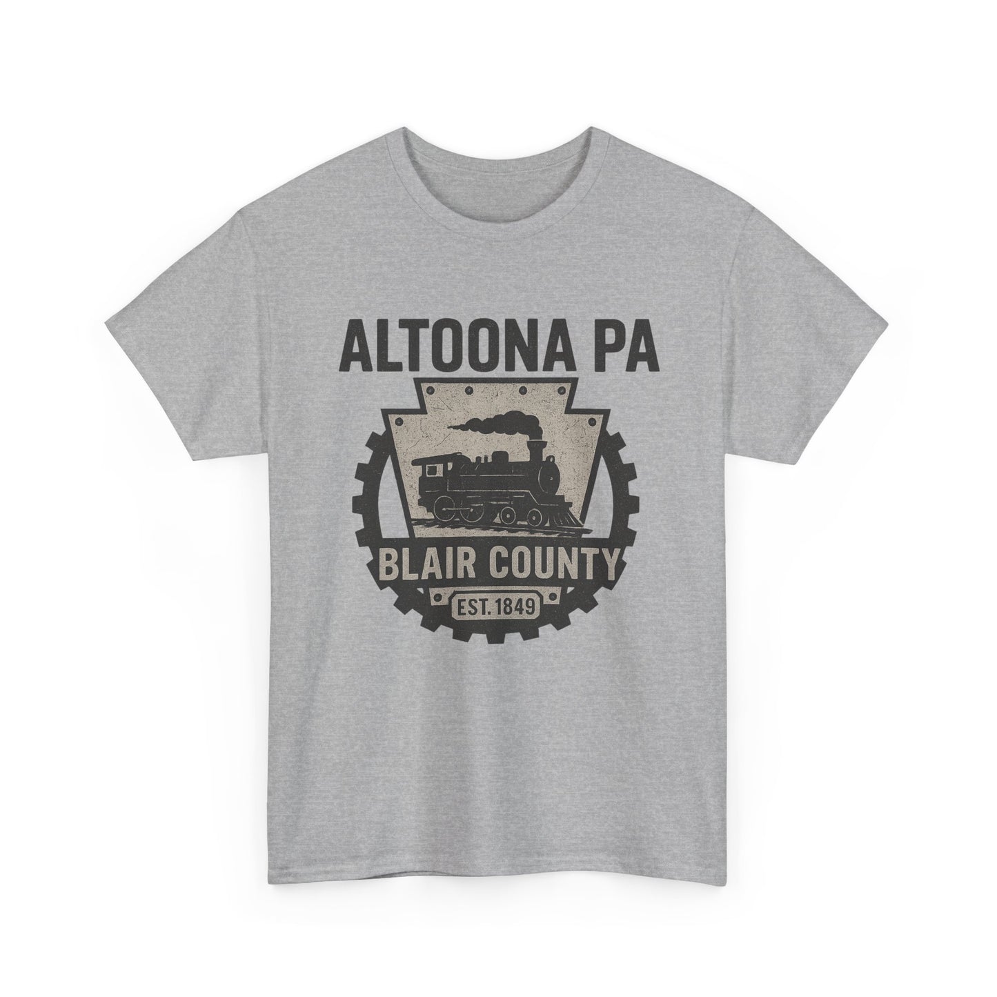 Gray Printify Altoona PA t-shirt featuring a Blair County vintage train design