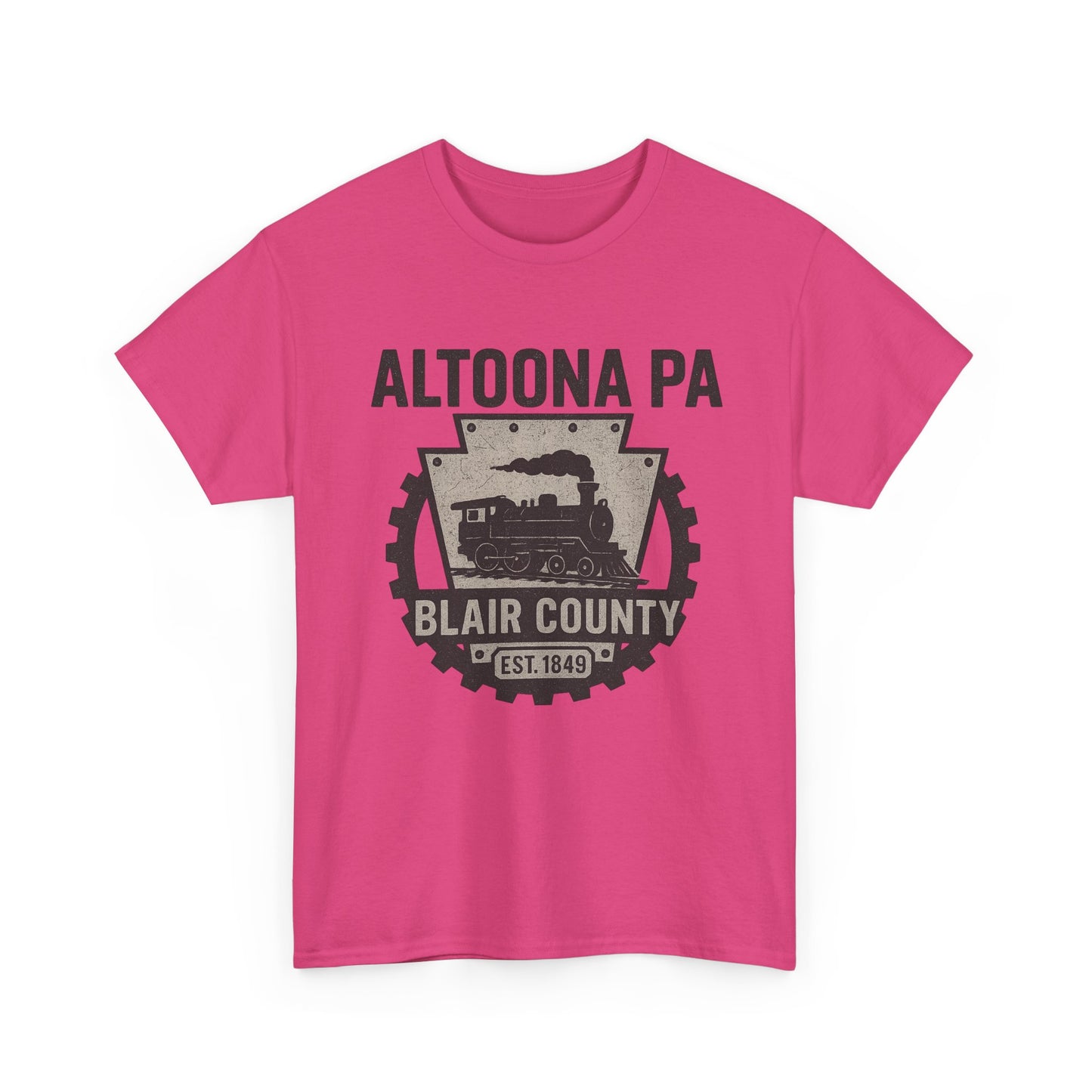 Pink Printify Altoona PA t-shirt with vintage train and Blair County design
