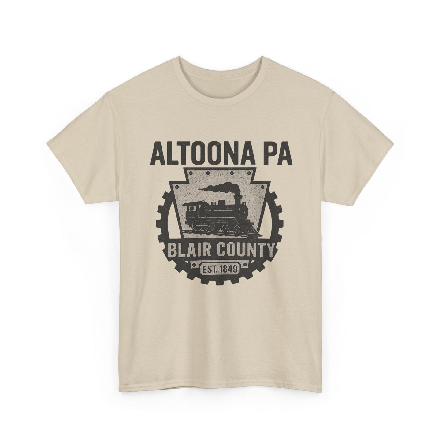 Printify beige Altoona PA t-shirt with Blair County vintage train design and established 1849 text