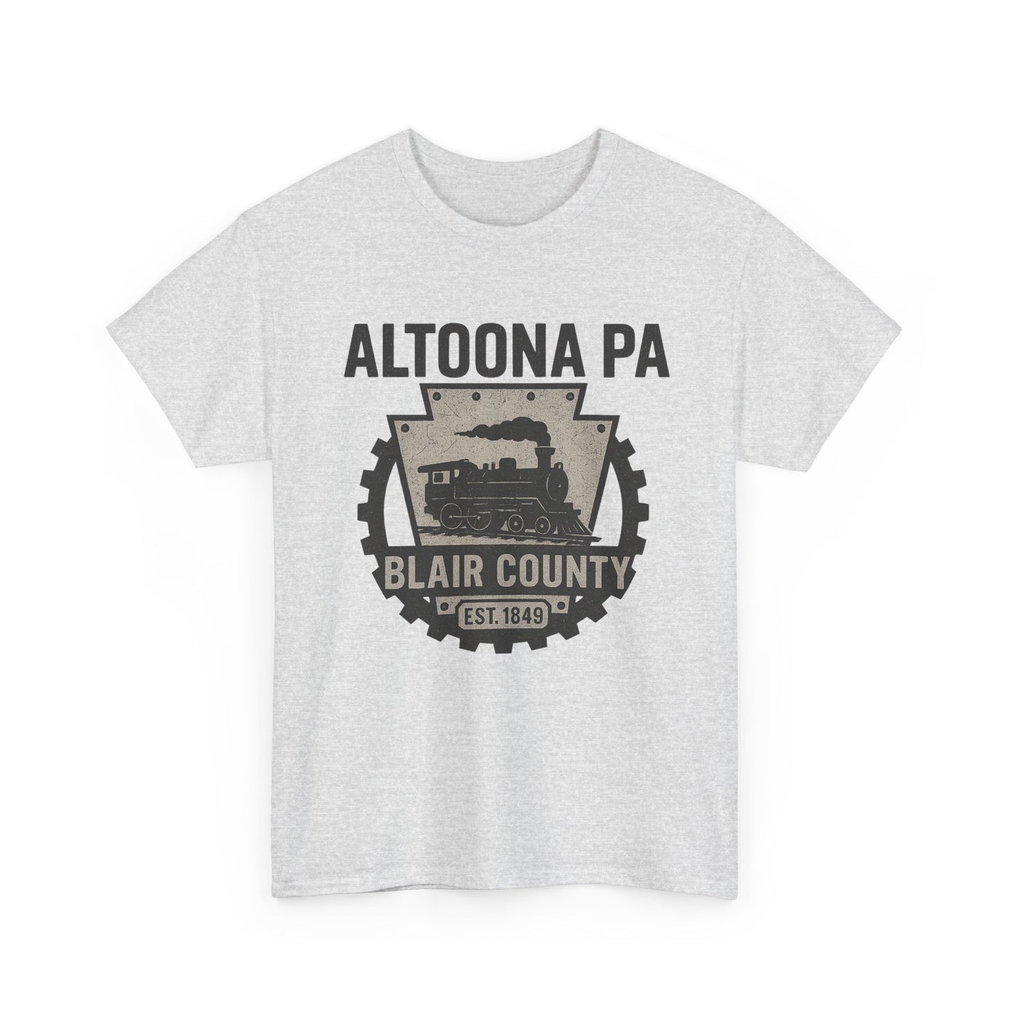 Printify Altoona PA t-shirt with vintage train and Blair County design in gray
