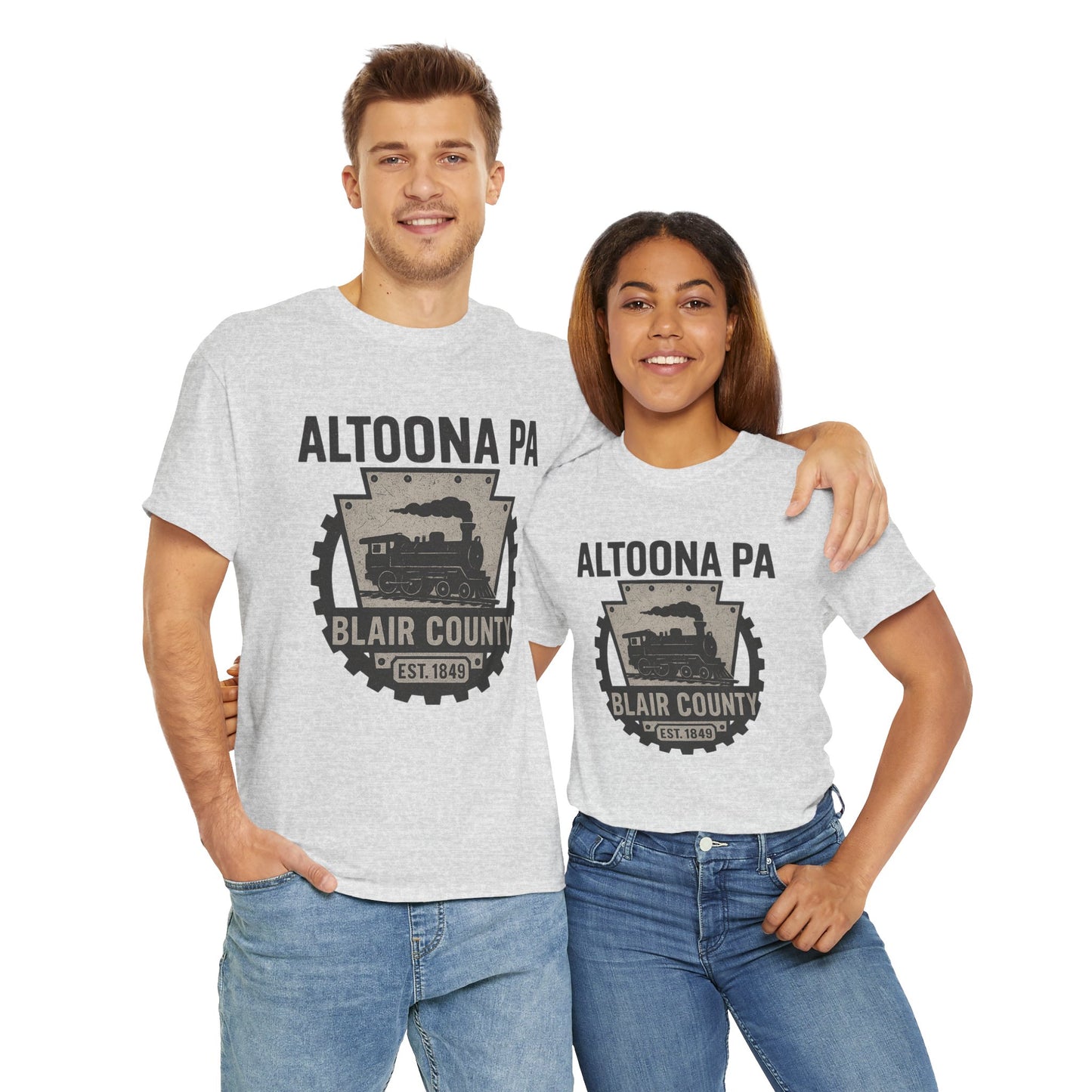 Printify Altoona PA t-shirt with Blair County steam train design worn by man and woman
