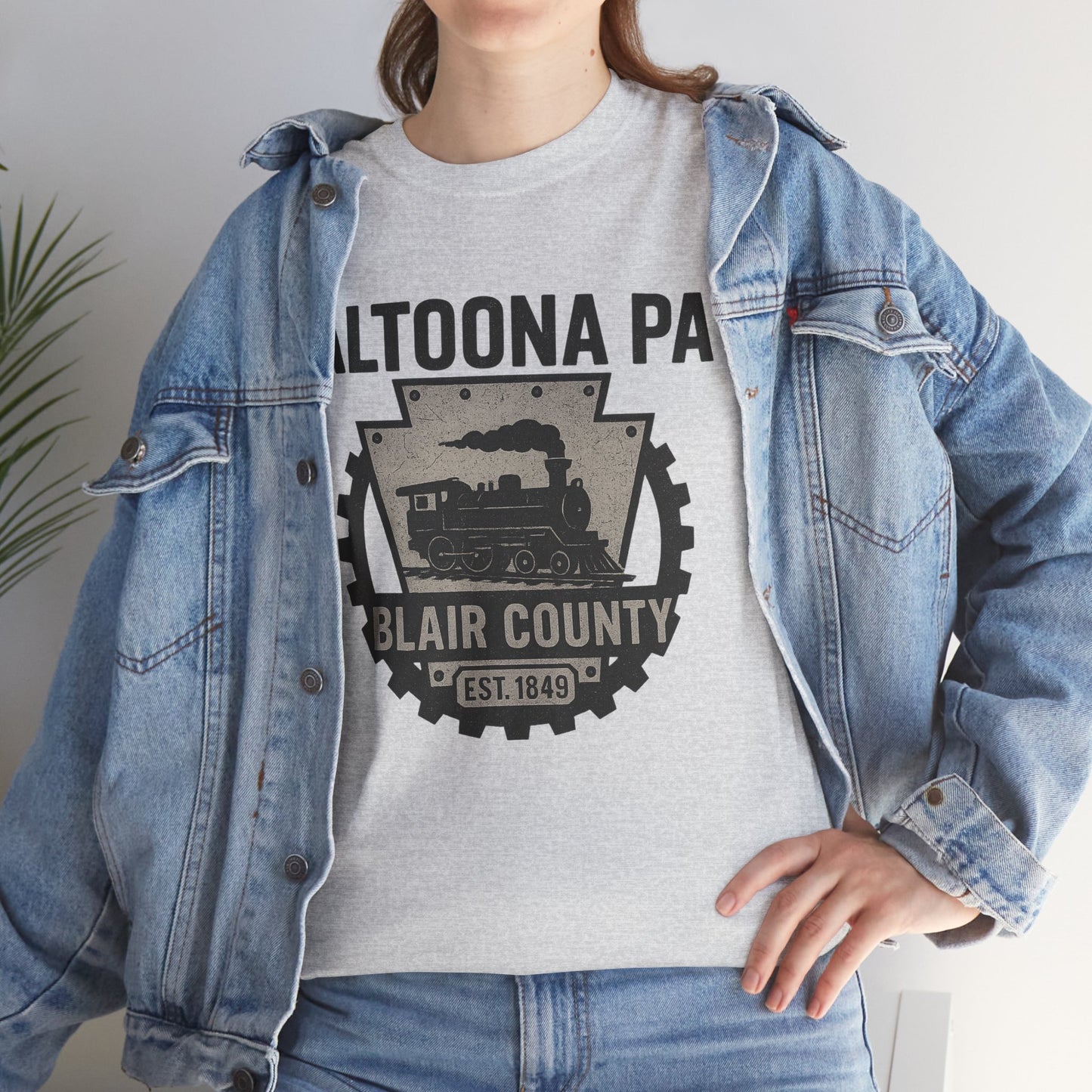 Altoona PA t-shirt featuring Blair County train graphic worn with denim jacket