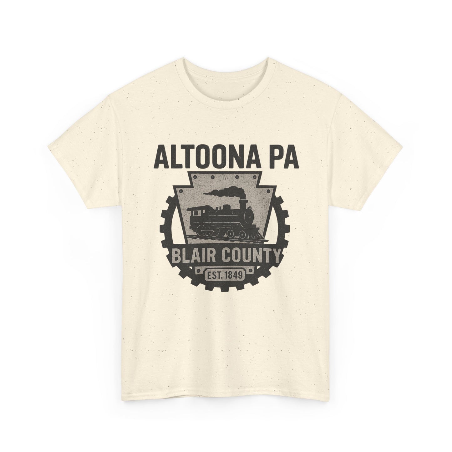 Cream Printify Altoona PA t-shirt featuring Blair County steam train graphic design