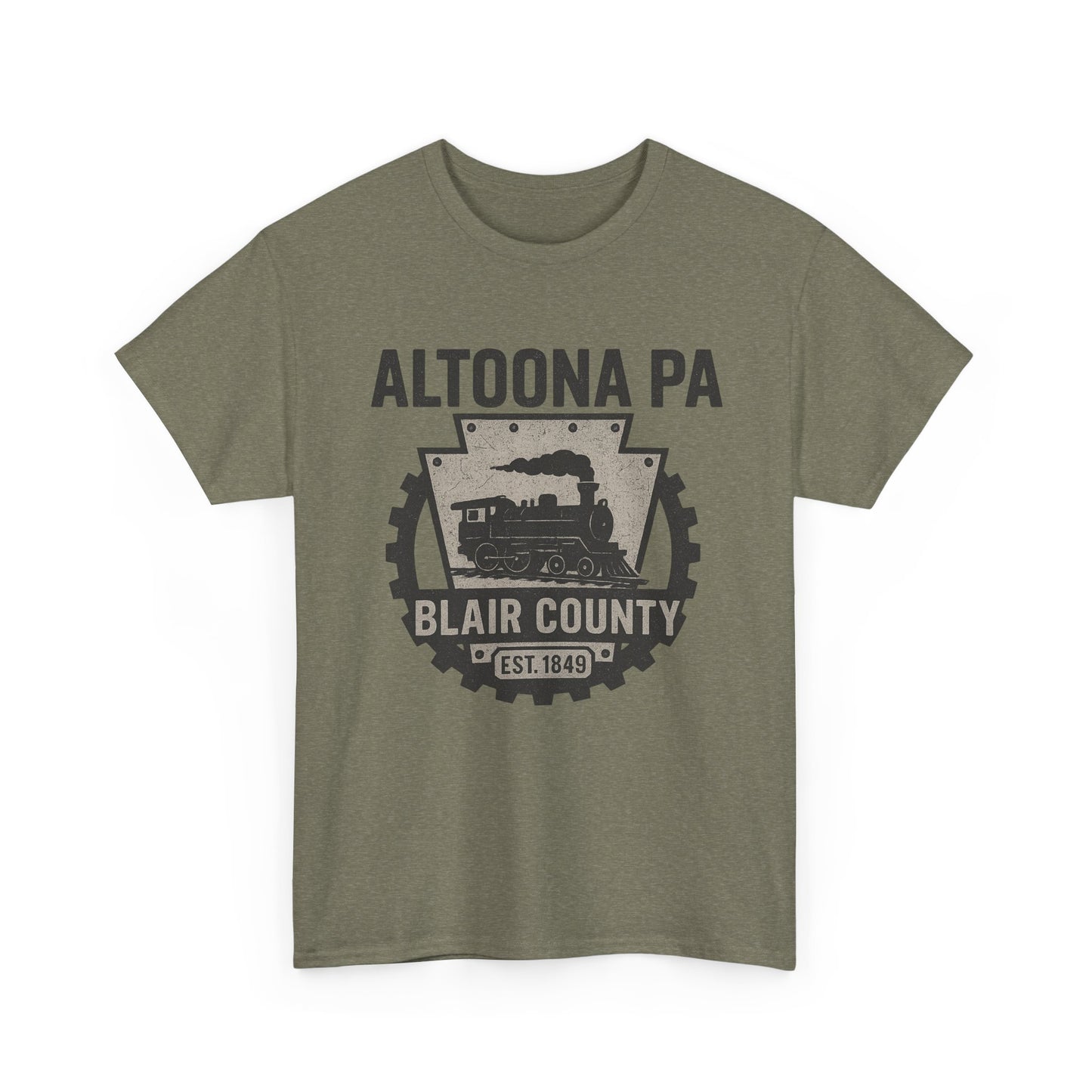 Olive green Printify Altoona PA t-shirt with Blair County vintage train graphic design