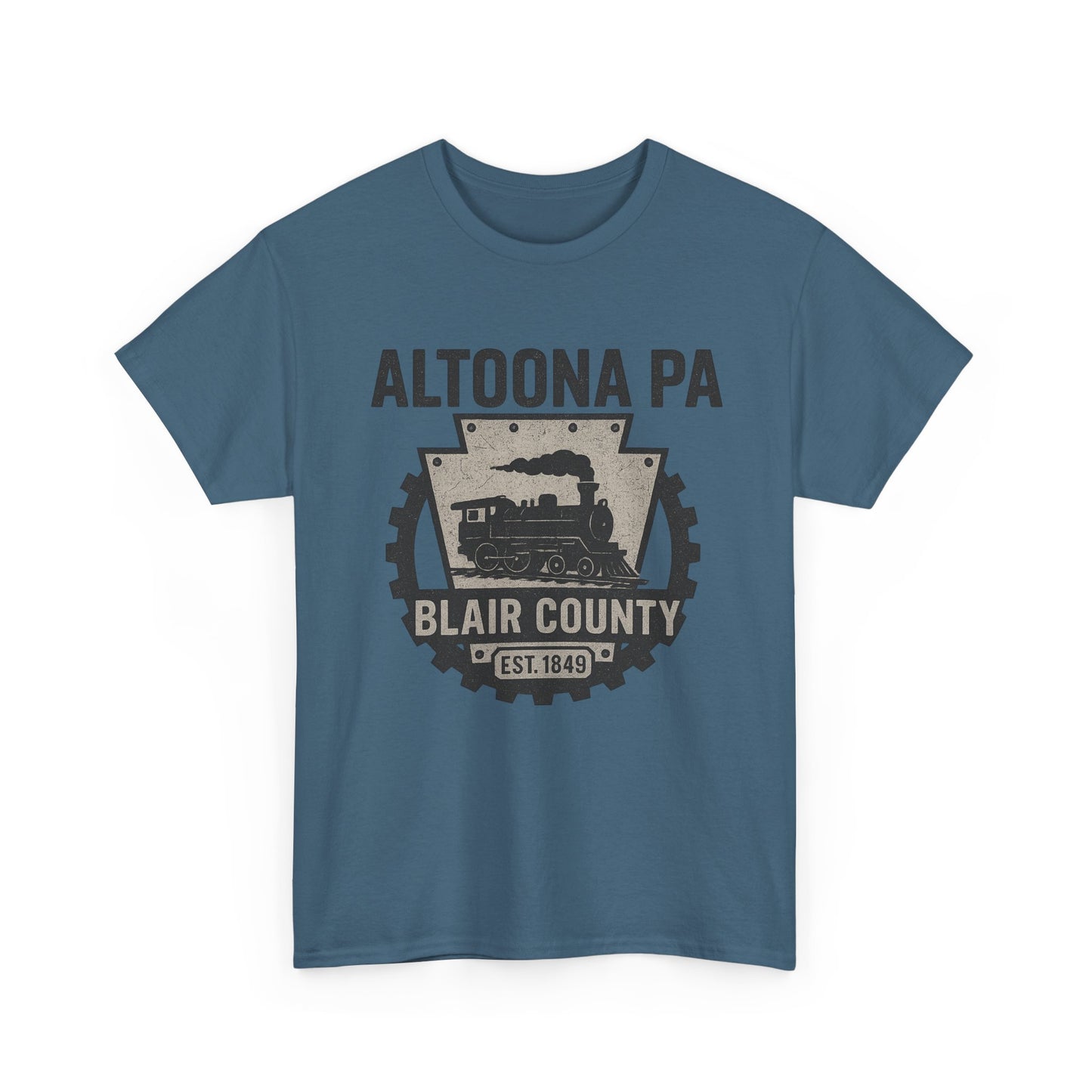 Altoona PA t-shirt in blue featuring Blair County steam train graphic and vintage design