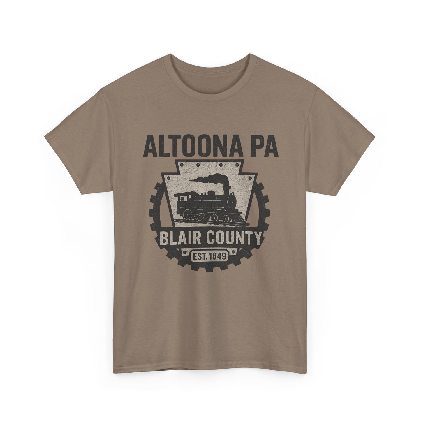 Printify brown Altoona PA t-shirt with Blair County train graphic and vintage design