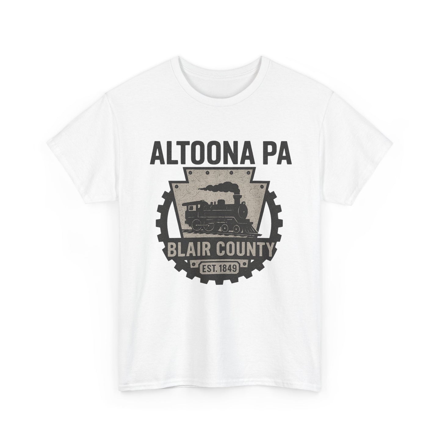 White Printify Altoona PA t-shirt featuring vintage train design and Blair County text