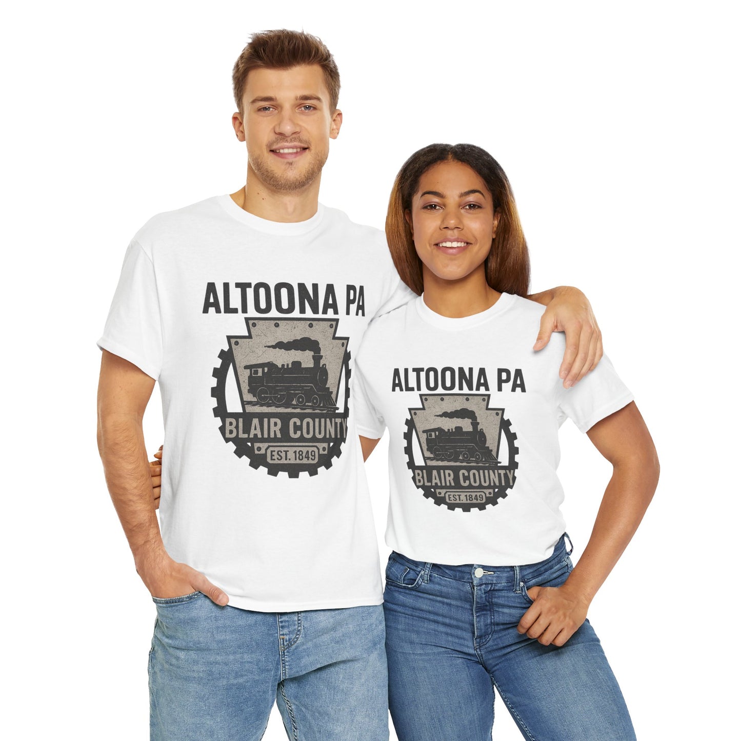 Printify white Altoona PA t-shirt featuring Blair County train graphic worn by man and woman